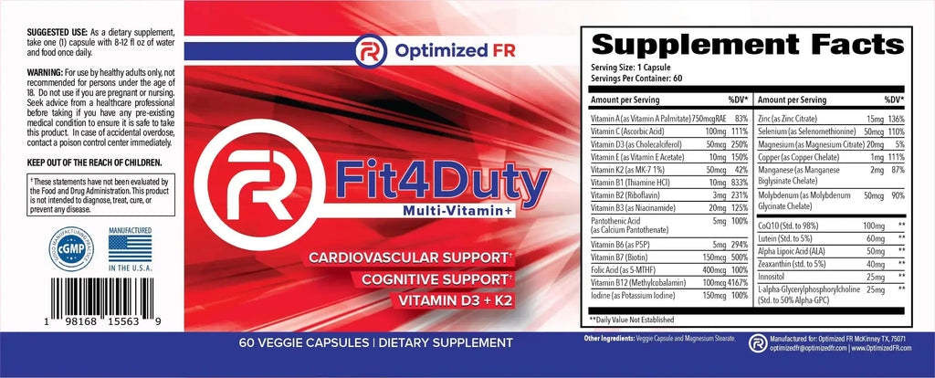 Fit4Duty Multivitamin+ for First Responders, One a Day Multivitamin Plus Other nutrients, 60 Servings, 2 Month Supply Optimized FR Au supplements