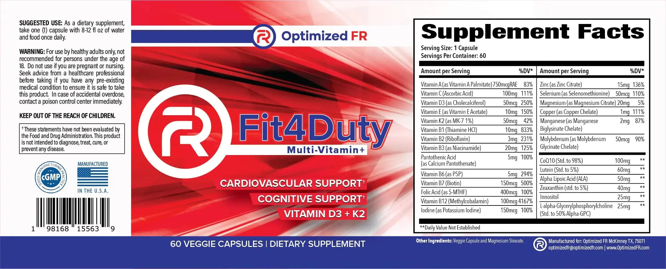 Fit4Duty Multivitamin+ for First Responders, One a Day Multivitamin Plus Other nutrients, 60 Servings, 2 Month Supply Optimized FR Au supplements