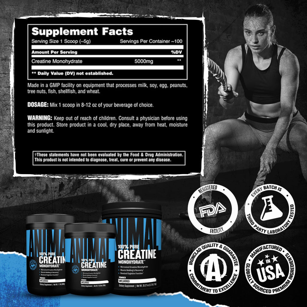 Animal Creatine Monohydrate Powder - Micronized Creatine for Women and Men, Supports Muscle Growth, Strength, Endurance, Recovery and ATP Production,