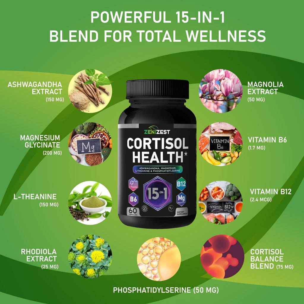 Cortisol Detox Supplement for Women Men - Control & Lower High Cortisol Level - Adrenal Health Balance Cleanse Sleep Stress Support - Magnesium Ashwagandha L-Theanine Cortisol Blocker Reducer ZeniZest Au supplements
