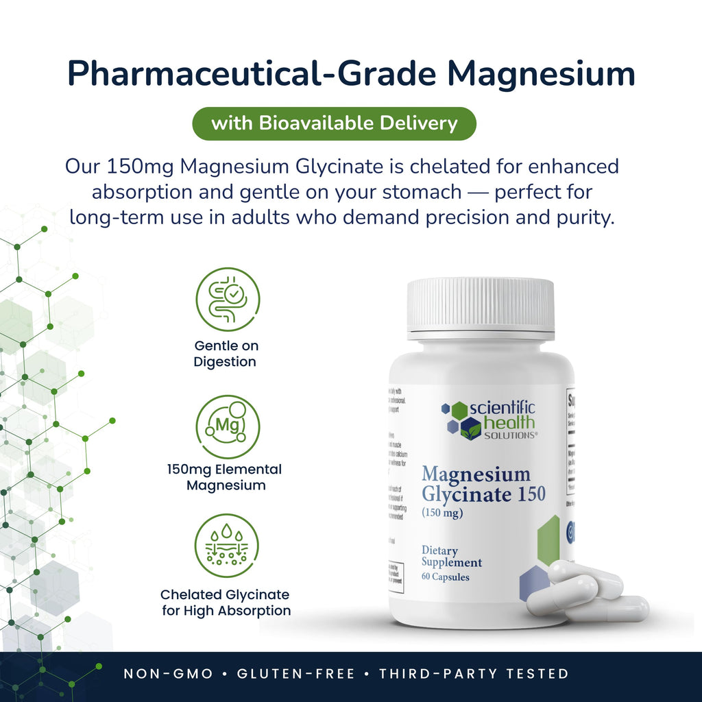 Scientific Health Solutions Magnesium Glycinate 150 mg – High‑Absorption Magnesium for Heart, Bone & Muscle Health – Supports Leg Cramps & Cardiovascular Function – Gentle on Stomach, Vegan, 60 Count Scientific Health Solutions Au supplements