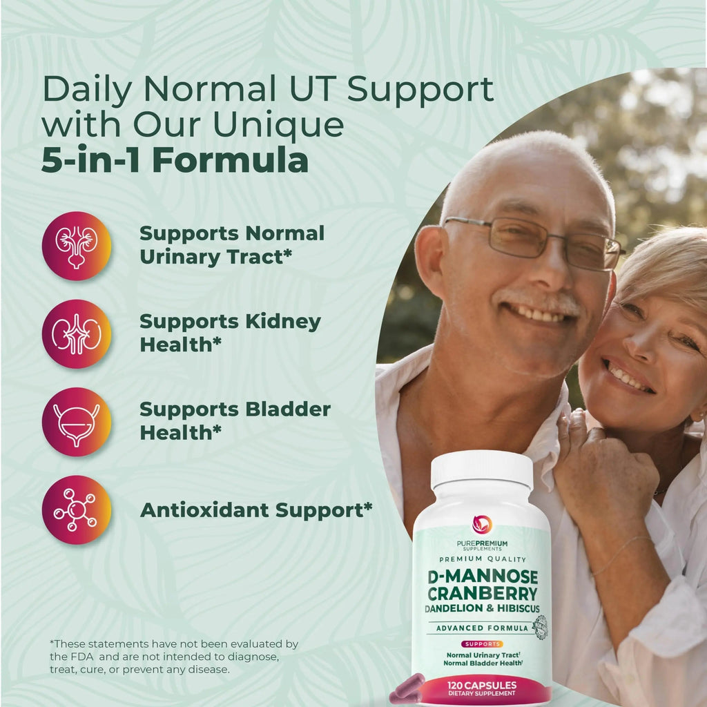 PurePremium D-Mannose with Cranberry, Hibiscus & Dandelion - 1000mg D-Mannose Supplements for Women Supports Urinary Tract Health & Bladder Health - Made in USA, Vegan, 120 Capsules, 2 Month Supply PurePremium Supplements Au supplements
