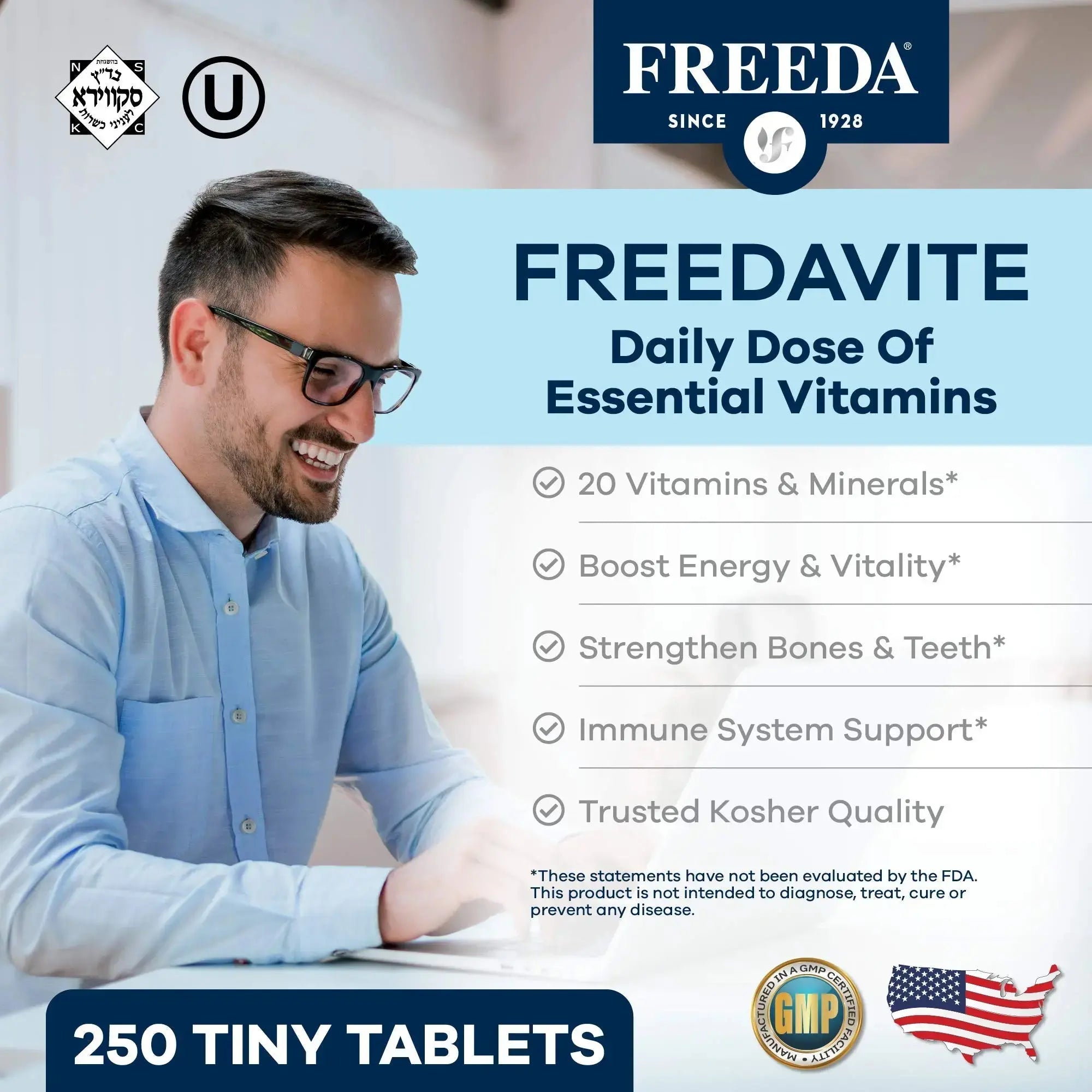 Freedavite Tiny Tablet - Moderate Multivitamin for Men and Women - Pure Vitamin A, C, D, E, B1, B2, B6, B12, Biotin, Calcium, Zinc, Iron, Magnesium FREEDA Au supplements