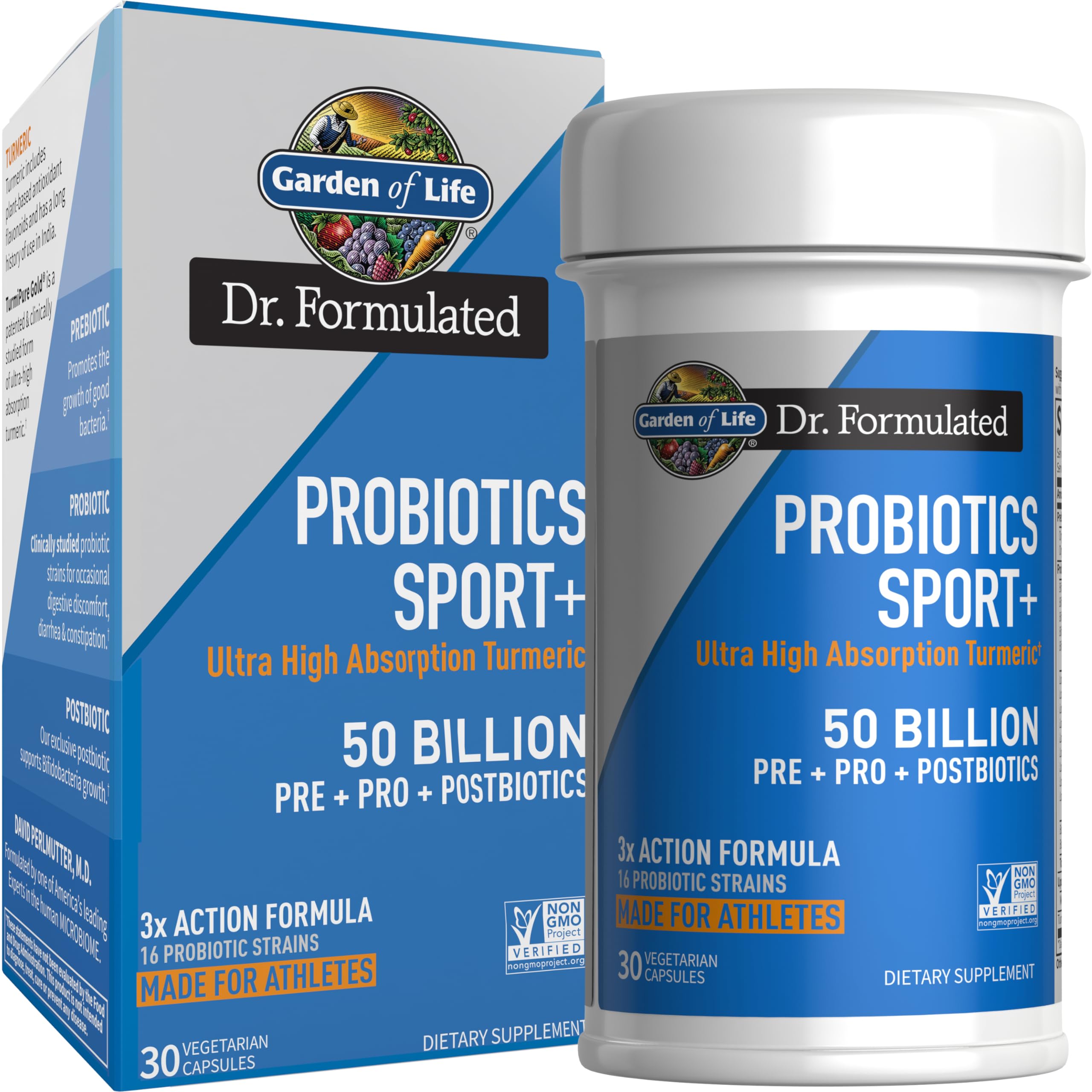Garden of Life Dr Formulated Sport Probiotics Digestive Supplement, Organic Prebiotics for Women & Men Athletes, Clinically Studied Turmeric Curcumin