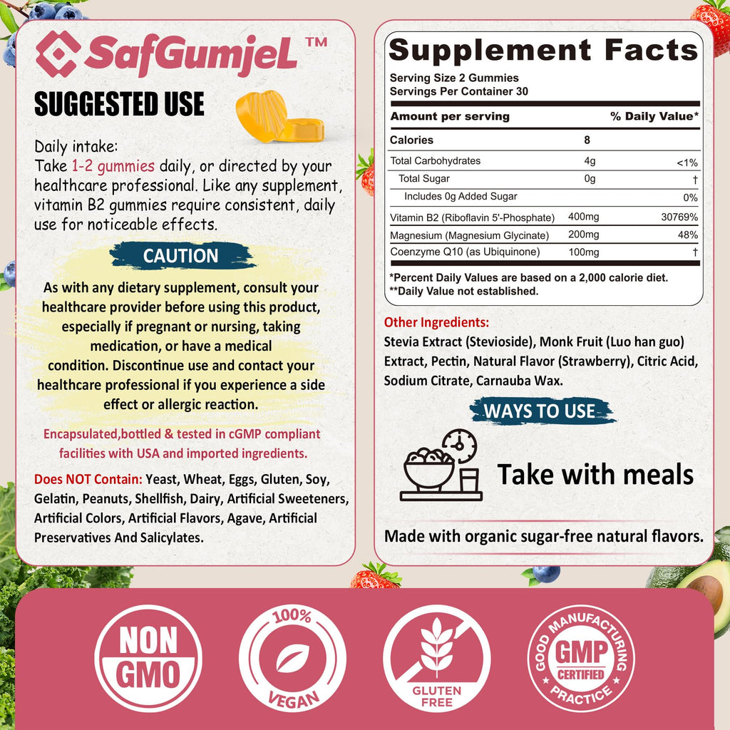 Safgumjel Vitamin B2 Gummies | Riboflavin 400mg with Magnesium & CoQ10 for Migraine Relief & Headache Relief | Sugar Free, Vegan, Strawberry Flavor, 60 Count