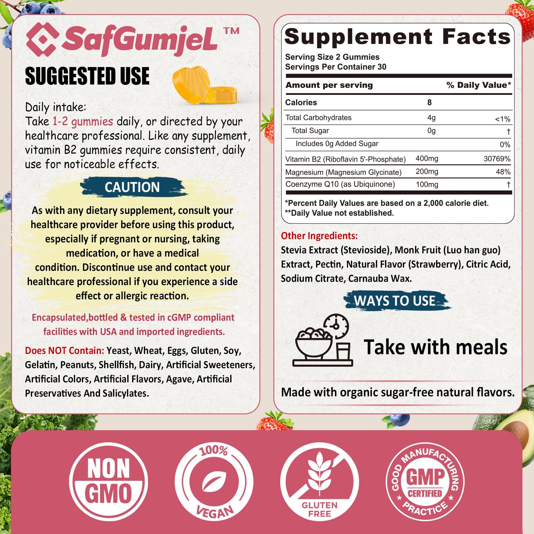 Safgumjel Vitamin B2 Gummies | Riboflavin 400mg with Magnesium & CoQ10 for Migraine Relief & Headache Relief | Sugar Free, Vegan, Strawberry Flavor, 60 Count
