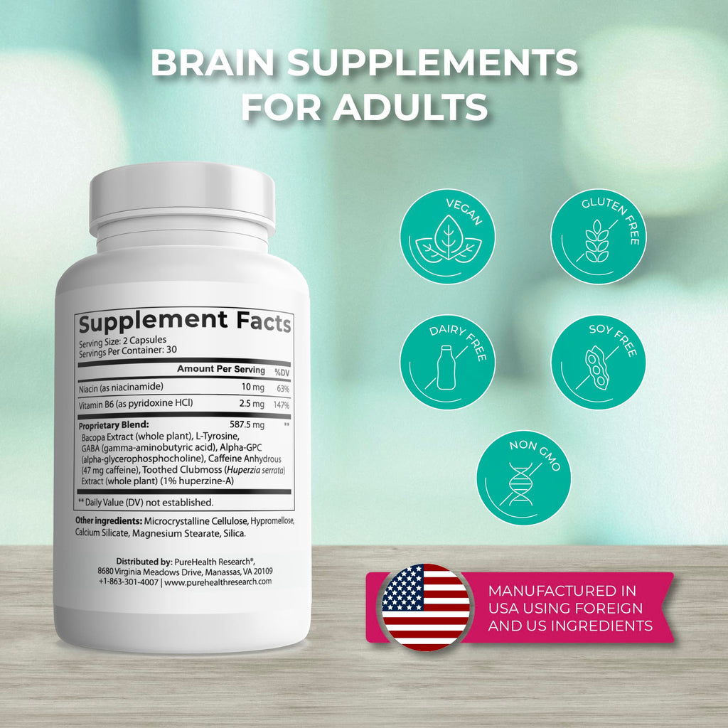 PUREHEALTH RESEARCH Ageless Brain Supplements for Memory and Focus - Nootropic Brain Health Supplement for Adults - with Bacopa Monieri, Alpha GPC, L-Tyrosine, Vitamin B6, Niacin & More, 60 Capsules PUREHEALTH RESEARCH Au supplements