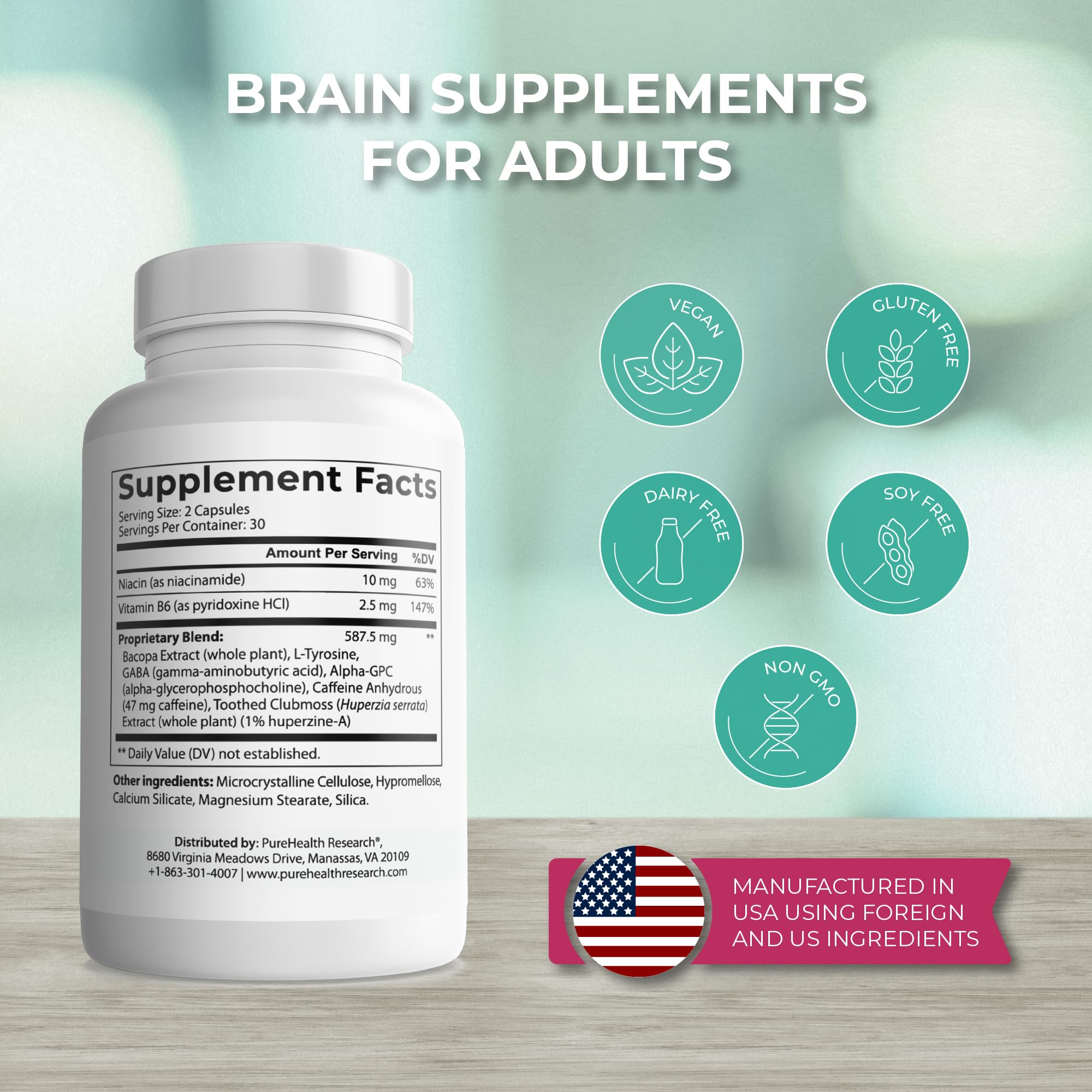 PUREHEALTH RESEARCH Ageless Brain Supplements for Memory and Focus - Nootropic Brain Health Supplement for Adults - with Bacopa Monieri, Alpha GPC, L-Tyrosine, Vitamin B6, Niacin & More, 60 Capsules PUREHEALTH RESEARCH Au supplements