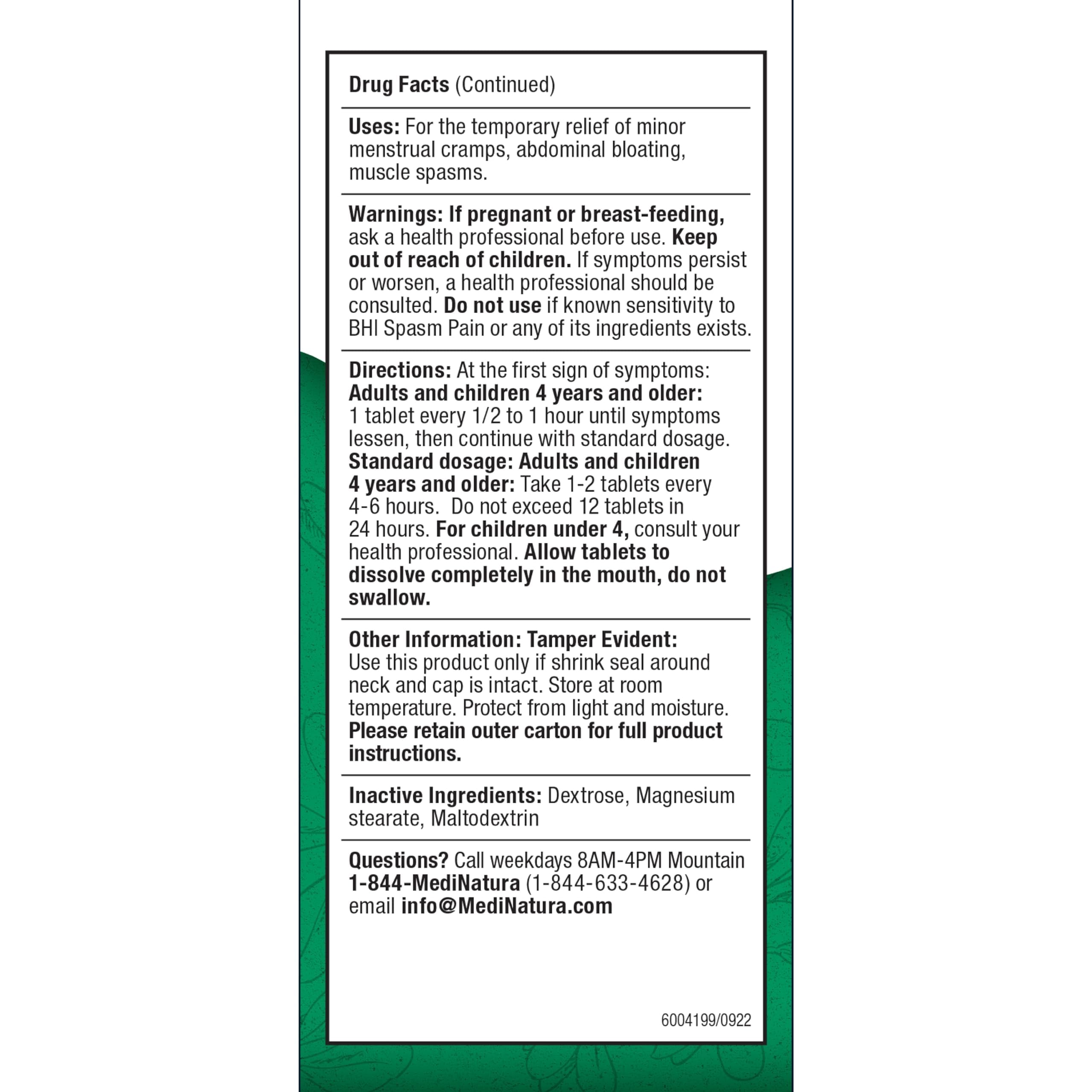 MediNatura BHI Spasm/Cramp Relief - Muscle Spasm Tablets for Full-Body Cramp Support - Menstrual Support - Non-Drowsy - Quick-Dissolve - Non-Addictive - Natural Ingredients - 100 Count MediNatura Au supplements