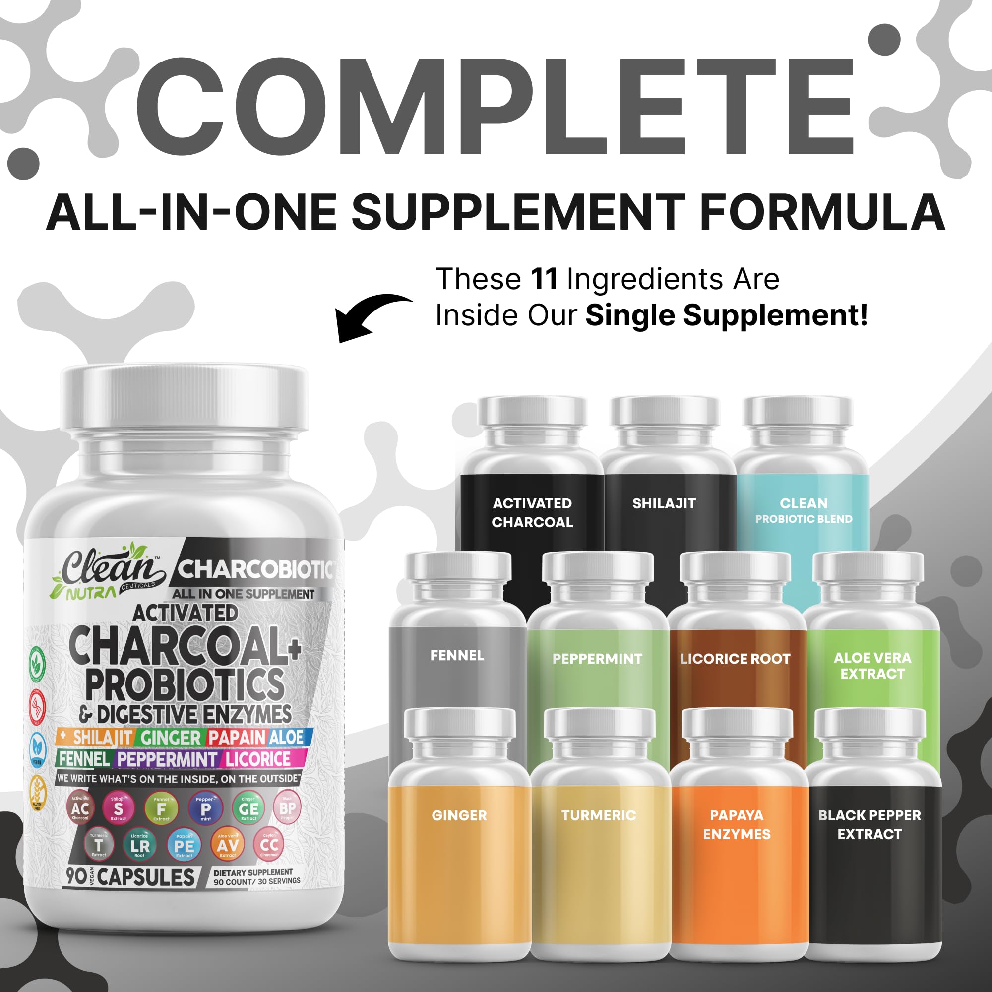 Clean Nutra Activated Charcoal Pills + Shilajit Probiotic Digestive Enzymes for Digestive Health Capsules with Peppermint Fennel Licorice Papain Ginger Turmeric Powder | Gut Health Clean Nutraceuticals Au supplements