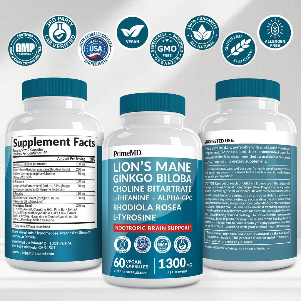 14-in-1 Lions Mane Supplement Capsules - Nootropic Brain Supplement with Ginkgo Biloba for Brain Support, Memory and Focus - Alpha GPC, L Theanine & Choline Supplements with 1300mg Per Serving (60 ct) PrimeMD Au supplements