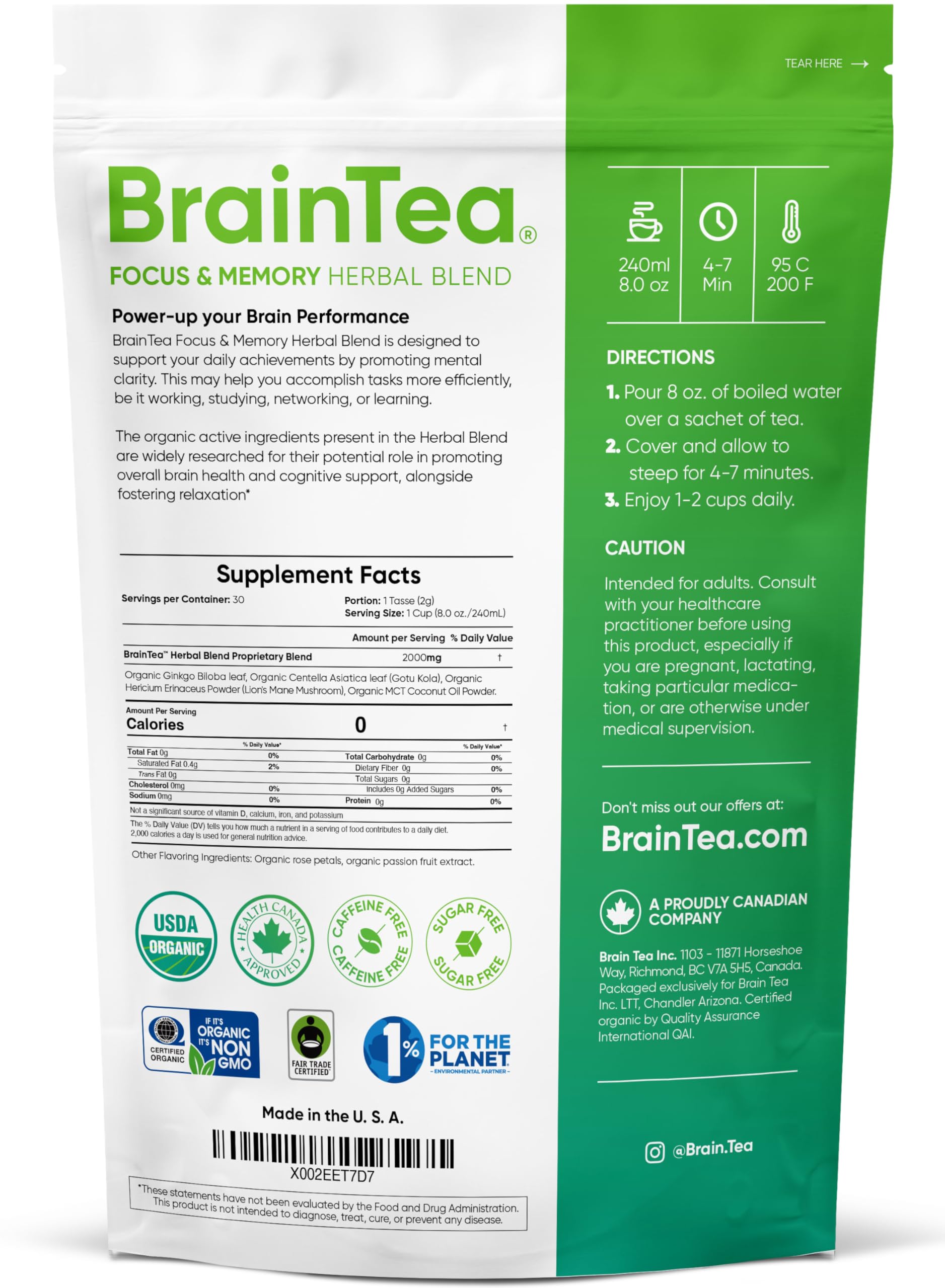 Brain Tea Focus & Memory - Brain Tea Organic Certified 4-in-1 Nootropic Herbal Supplement with Ginkgo Biloba, Gotu Kola, Lion’s Mane Mushroom, MCT Caffeine-Free for Mental Clarity (30 Sachets) Brain Tea Au supplements