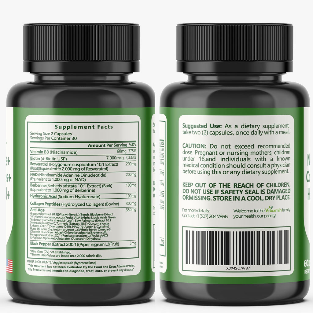 vitaxmin NAD Resveratrol Supplement 200mg with Berberine NAC Collagen - Nicotinamide Riboside NMN NADH CoQ10 Biotin Hyaluronic Acid - Hair Skin Nails Supplement - 60 Capsules vitaxmin Au supplements