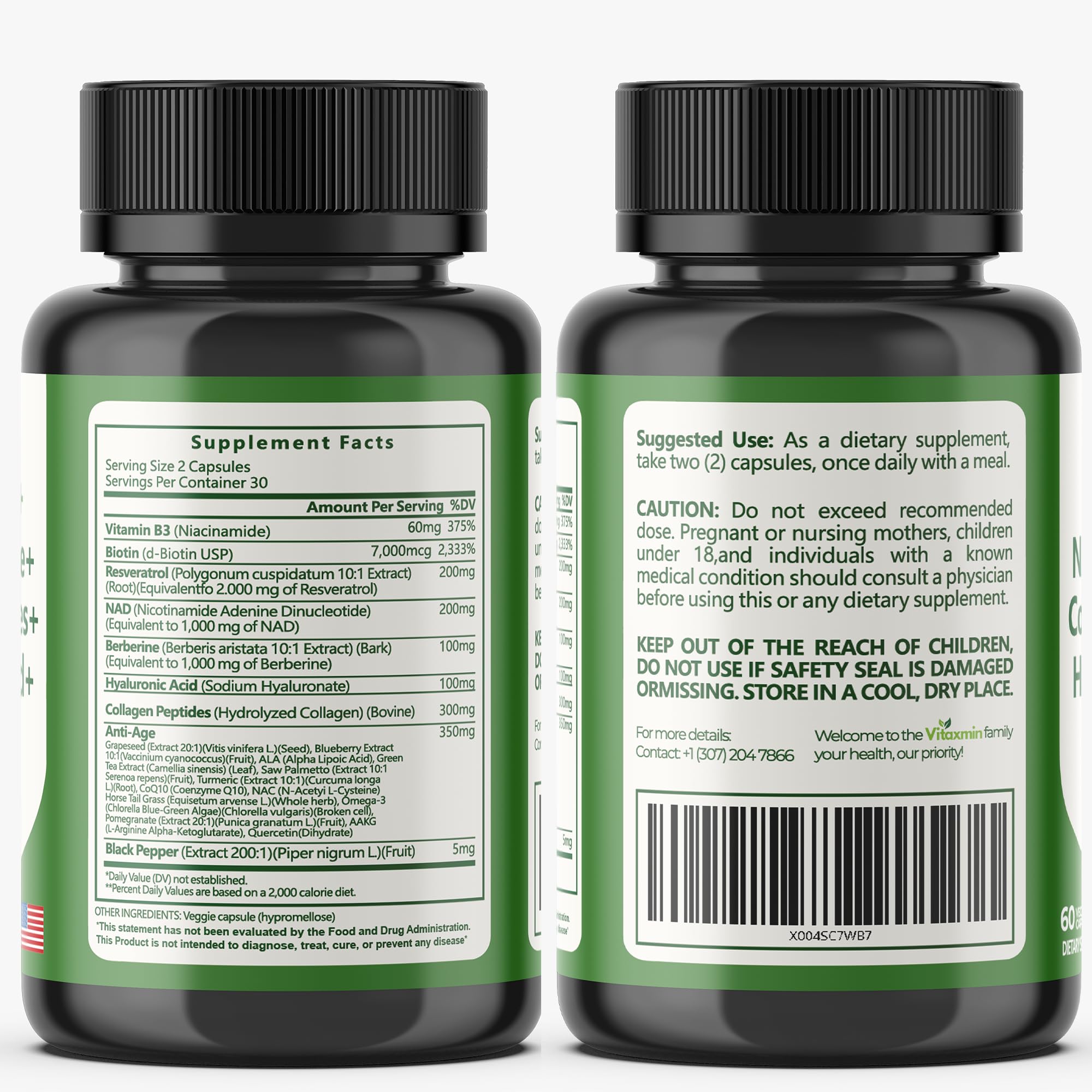 vitaxmin NAD Resveratrol Supplement 200mg with Berberine NAC Collagen - Nicotinamide Riboside NMN NADH CoQ10 Biotin Hyaluronic Acid - Hair Skin Nails Supplement - 60 Capsules vitaxmin Au supplements