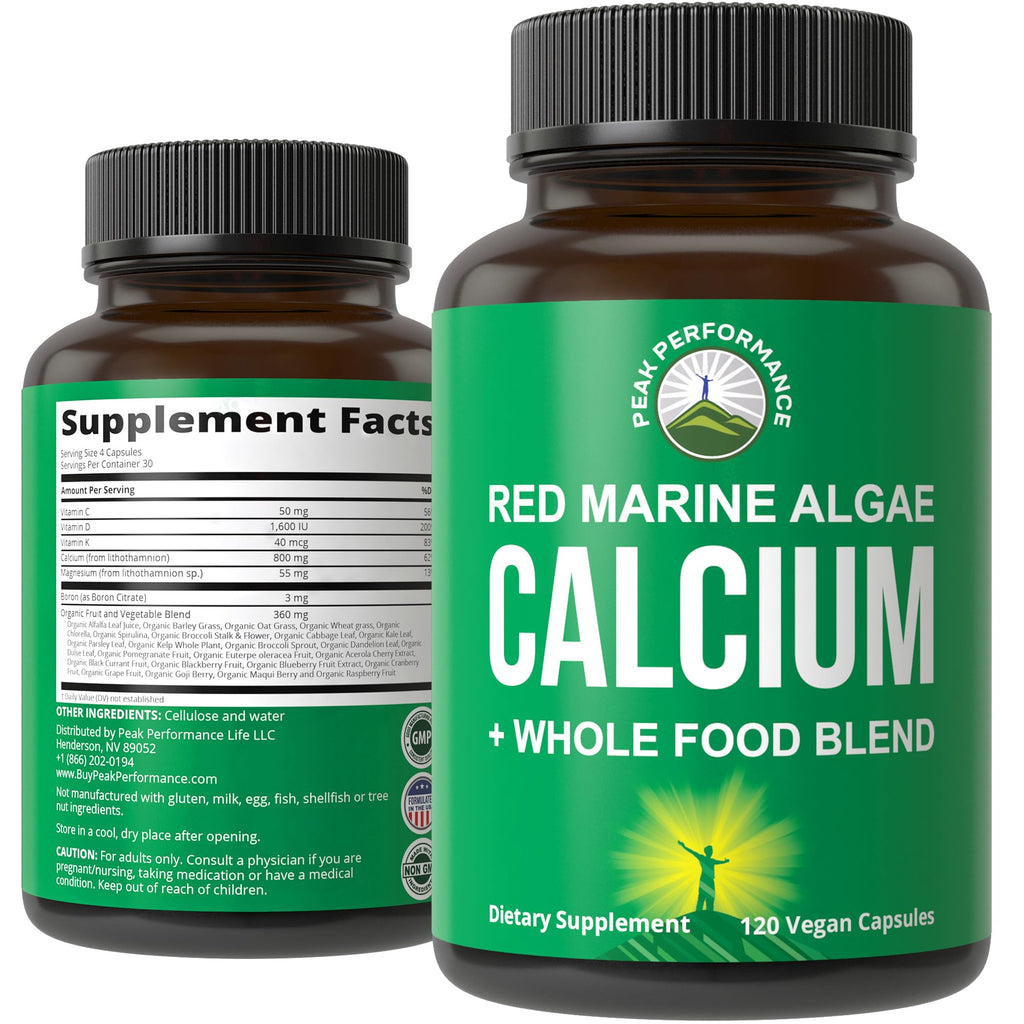 Plant Based Calcium - Red Marine Algae Calcium Supplement with Vitamin C, D3, K, Magnesium, and Whole Food Vegetable Blend. Vegan Capsules for Bones and Joints. 120 Pills, Tablets Peak Performance Au supplements