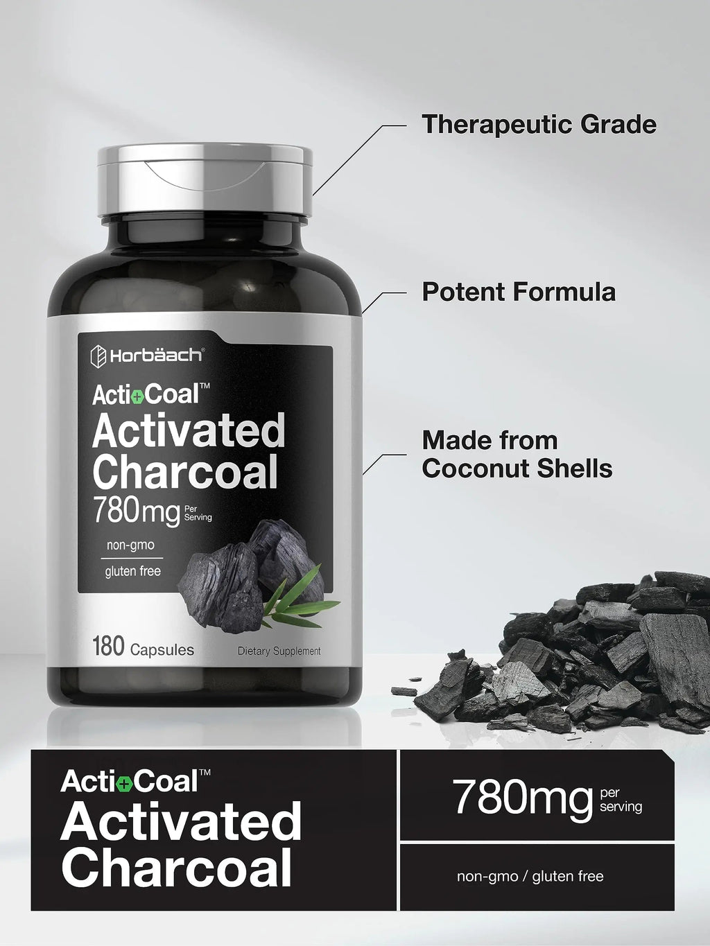 Charcoal Pills 780mg | 180 Capsules | Activated Charcoal from Coconut Shells | Non-GMO Horbäach Au supplements