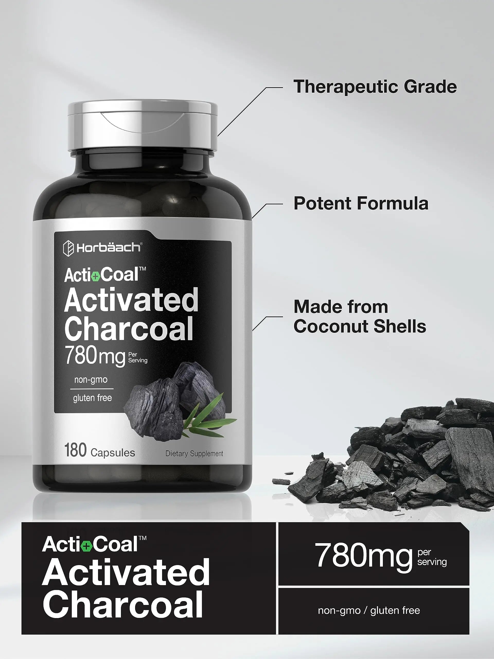 Charcoal Pills 780mg | 180 Capsules | Activated Charcoal from Coconut Shells | Non-GMO Horbäach Au supplements