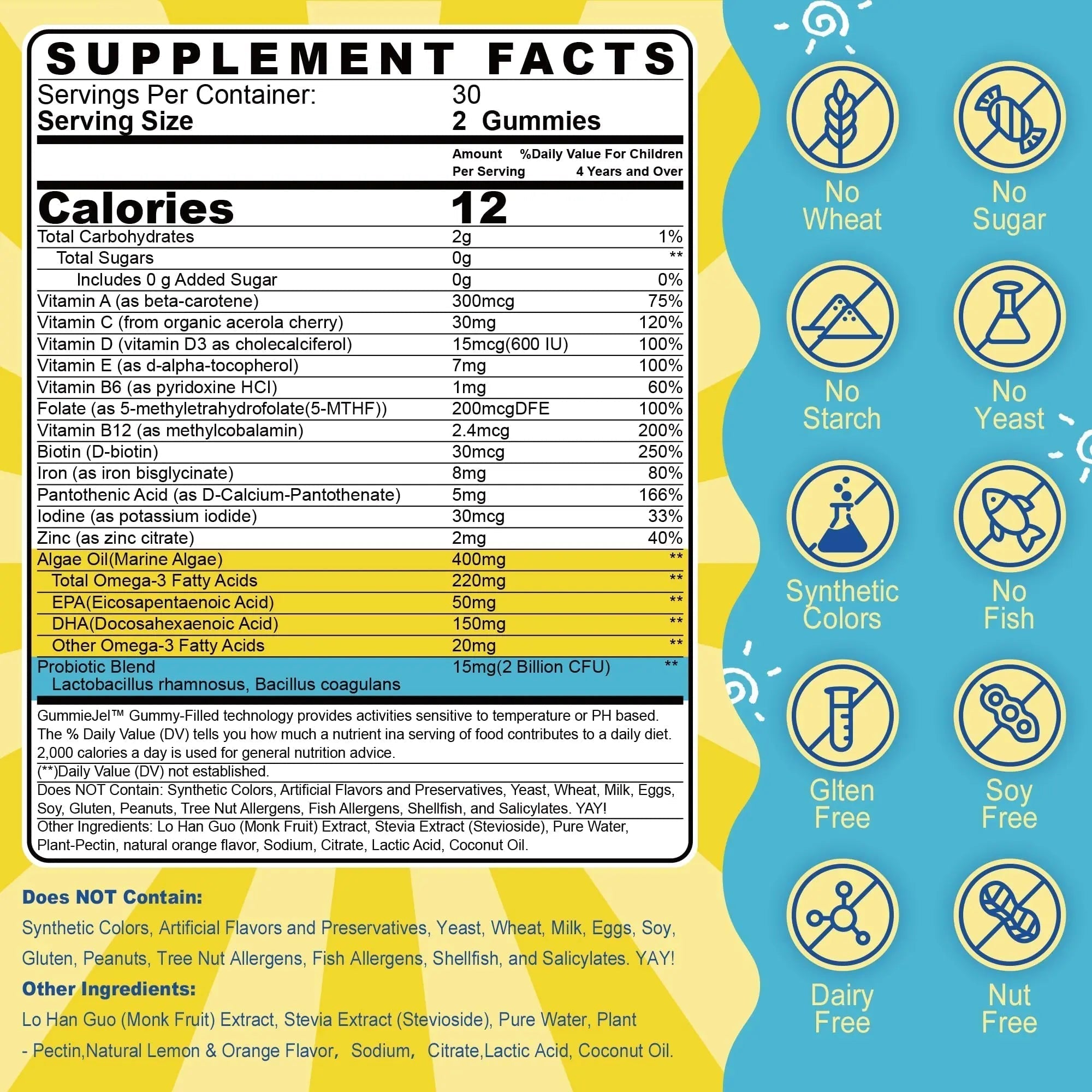 Kids Multivitamin Gummies with Iron, Sugar Free, Kids Daily Vitamins + Probiotics, Algae Omega 3 (EPA/DHA), A, C, D, Methyl B12, Folate, B6, Zinc, Biotin Nextdia Au supplements