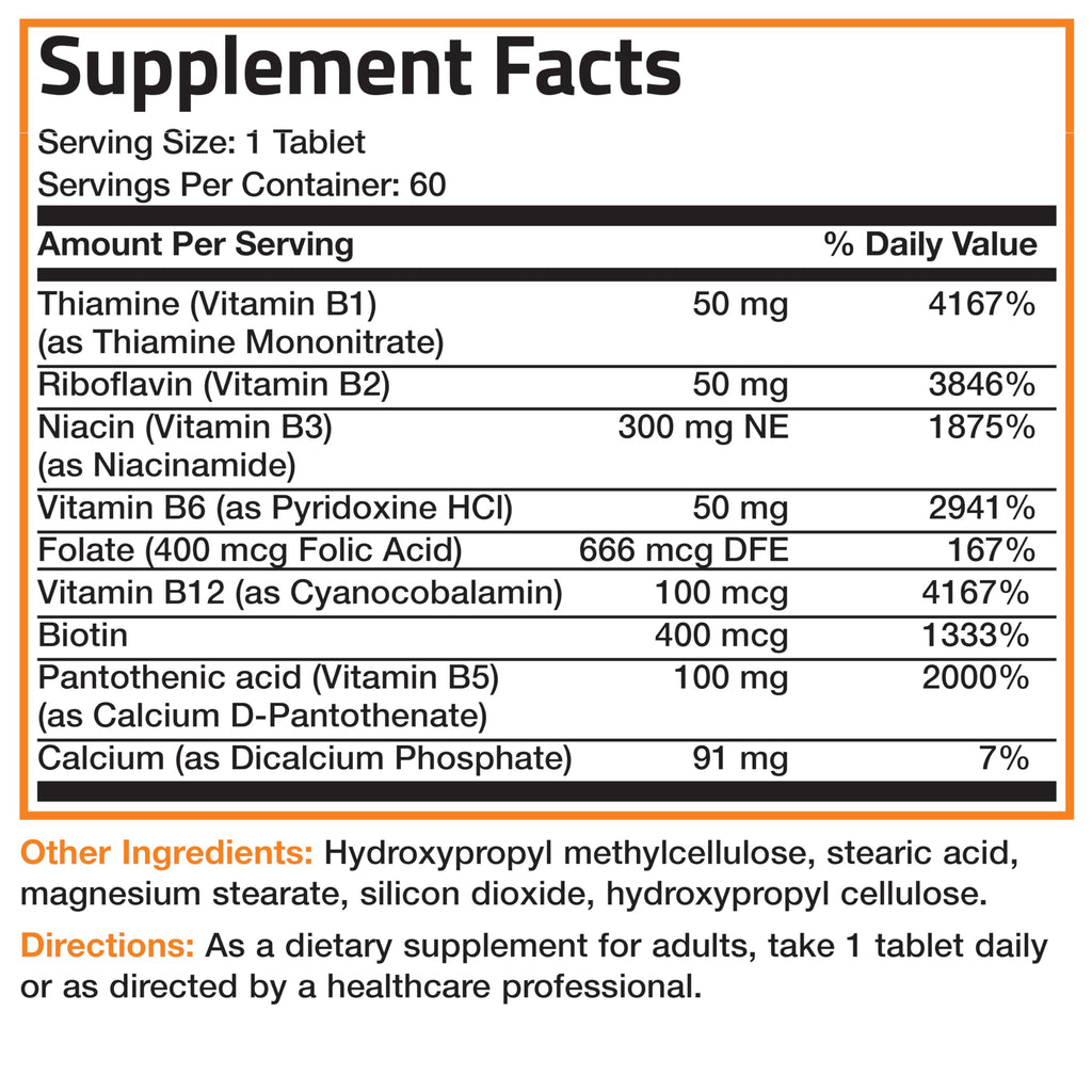 Bronson Super B Vitamin B Complex Sustained Slow Release (Vitamin B1, B2, B3, B6, B9 - Folic Acid, B12) Contains All B Vitamins 60 Tablets