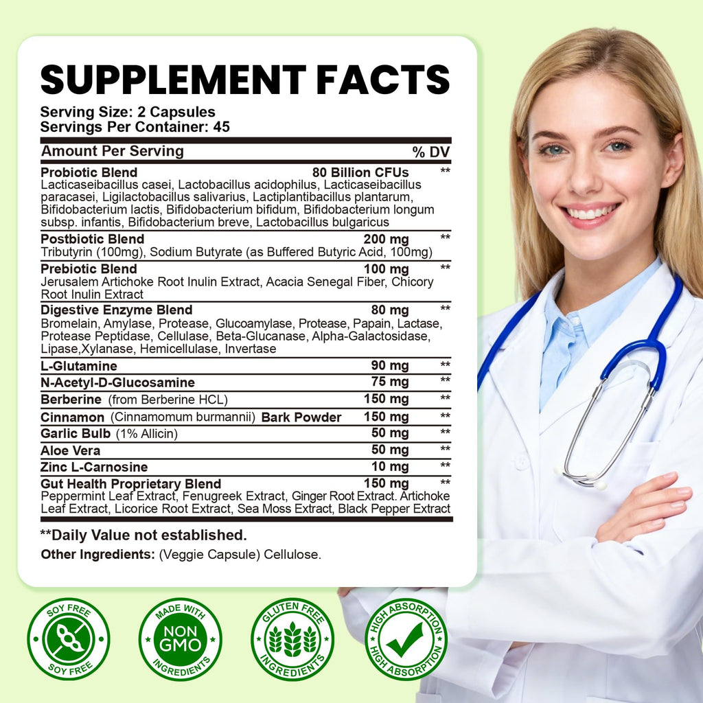 SEPT YAN Gut Health Supplement with Prebiotics, Postbiotics & Probiotics for Digestive Health for Women & Men, 80 Billion CFU Probiotics for Gut and Digestion