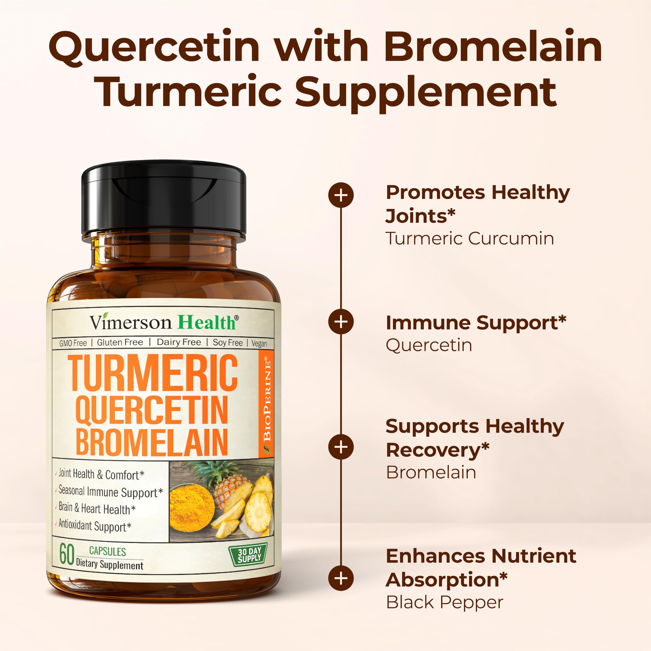 Quercetin with Bromelain Turmeric Curcumin Supplement – Allergy Relief, Immune & Joint Support – Organic Turmeric Supplement w/Bioperine for Enhanced Absorption