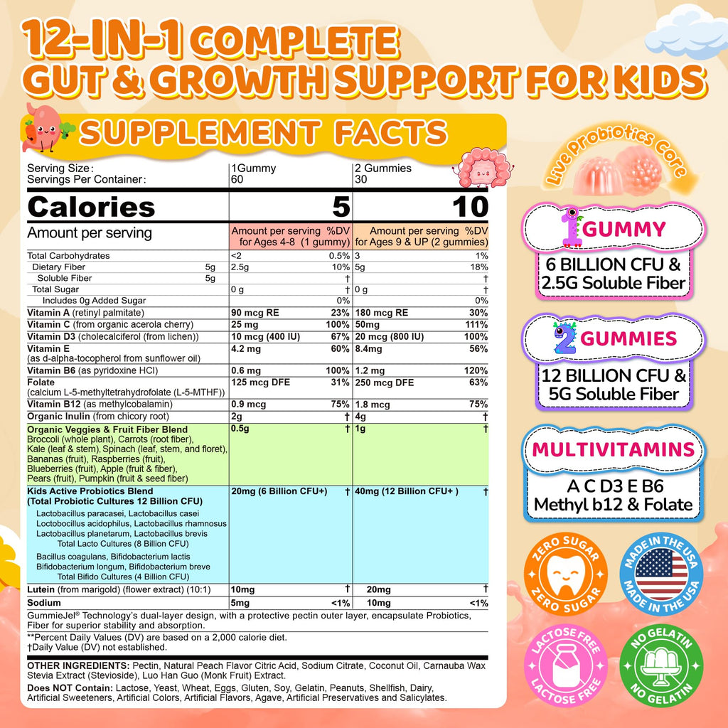Kids Probiotic + Prebiotic Fiber Gummies 5G, 12 Billion CFU Probiotic & Veggie Fruit Fiber, w/ Organic Inulin, Methyl B12 B6 D3 C, Lutein for Children's Digestive & Gut,