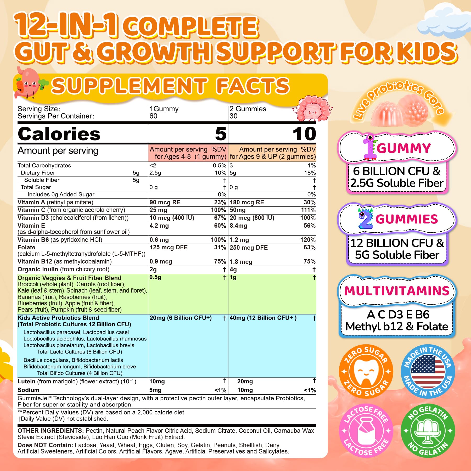 Kids Probiotic + Prebiotic Fiber Gummies 5G, 12 Billion CFU Probiotic & Veggie Fruit Fiber, w/ Organic Inulin, Methyl B12 B6 D3 C, Lutein for Children's Digestive & Gut,