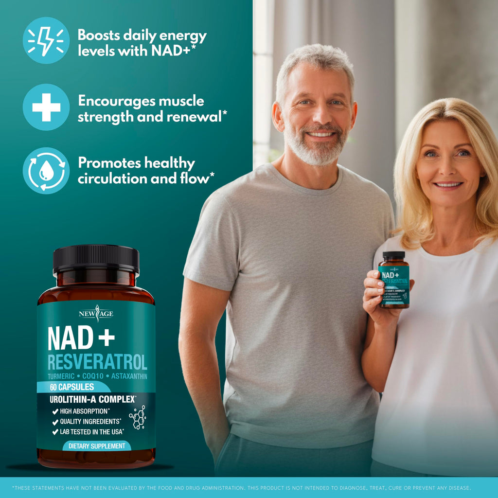 NEW AGE NAD+ Supplement Complex – NAD+ 300 mg with Astaxanthin, Urolithin A, Resveratrol, CoQ10 & Antioxidant Blend – Cellular Energy, Support or Women & Men – Vegan, Non-GMO- 120 Count NEW AGE Au supplements