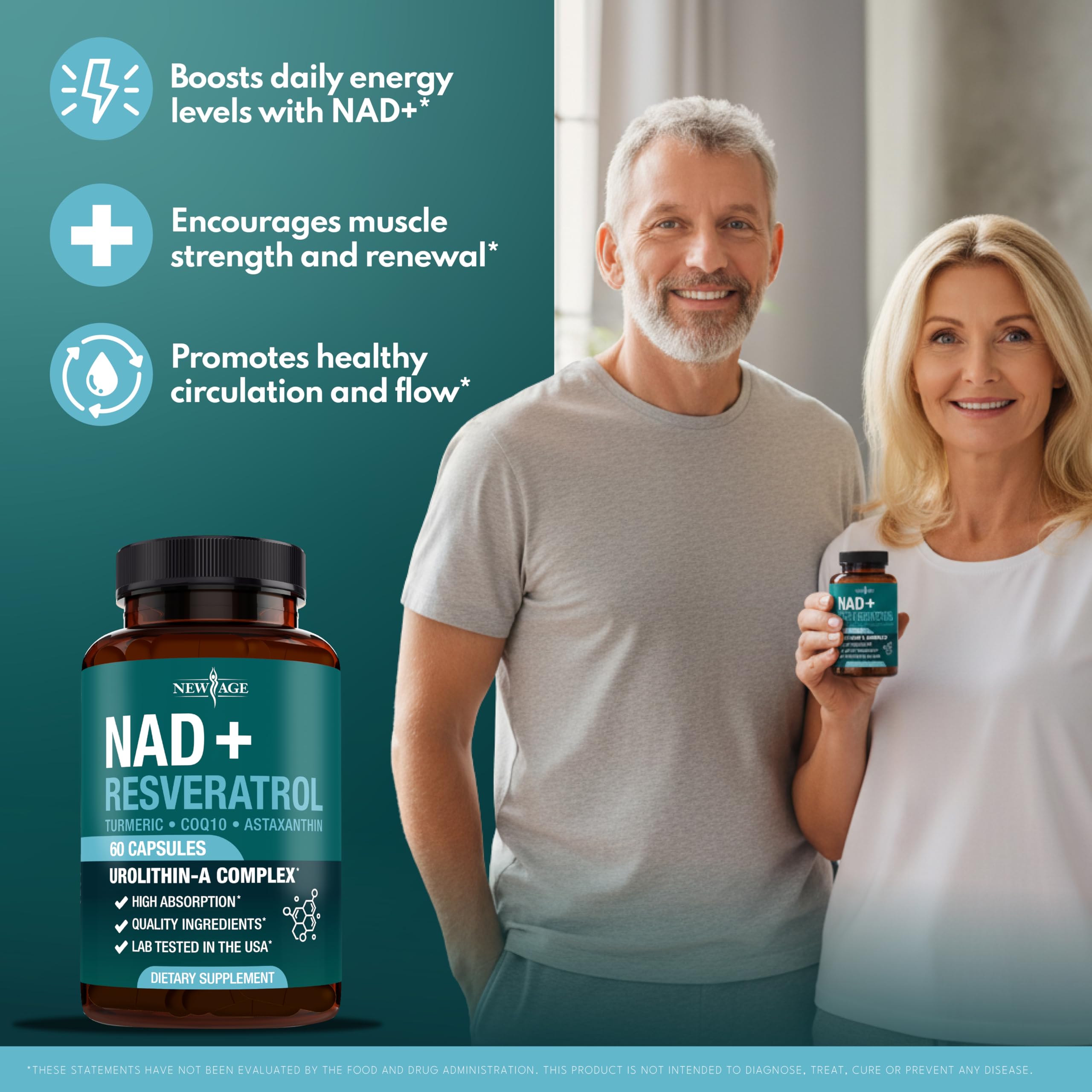 NEW AGE NAD+ Supplement Complex – NAD+ 300 mg with Astaxanthin, Urolithin A, Resveratrol, CoQ10 & Antioxidant Blend – Cellular Energy, Support or Women & Men – Vegan, Non-GMO- 120 Count NEW AGE Au supplements