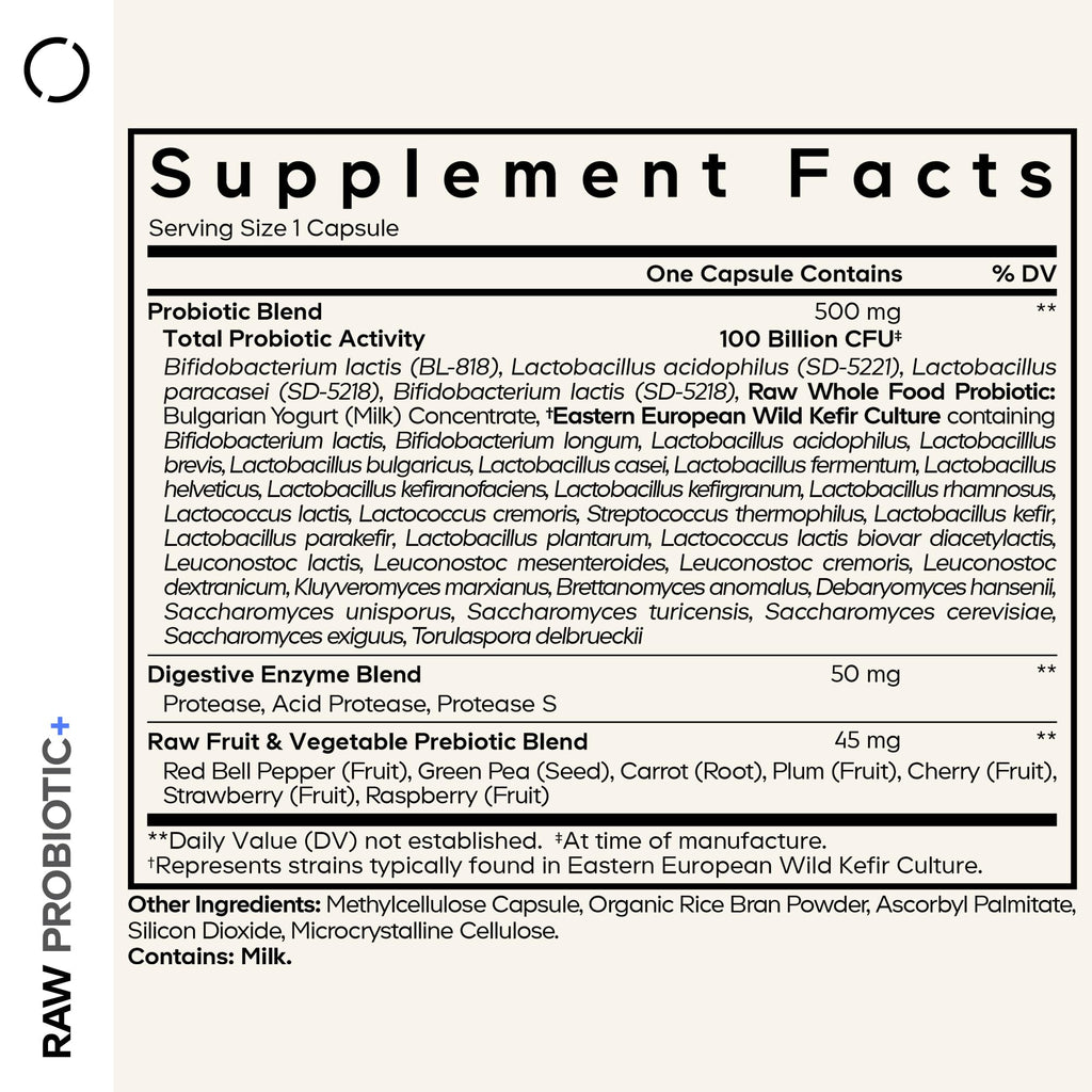 Codeage Raw Probiotic+ Supplement - 34 Probiotic Strains, 100 Billion CFUs, Raw Whole Food Probiotics, Digestive Enzymes, Raw Fruits & Veggies Prebiotics - Wild Kefir Culture - Non-GMO - 30 Capsules Codeage Au supplements