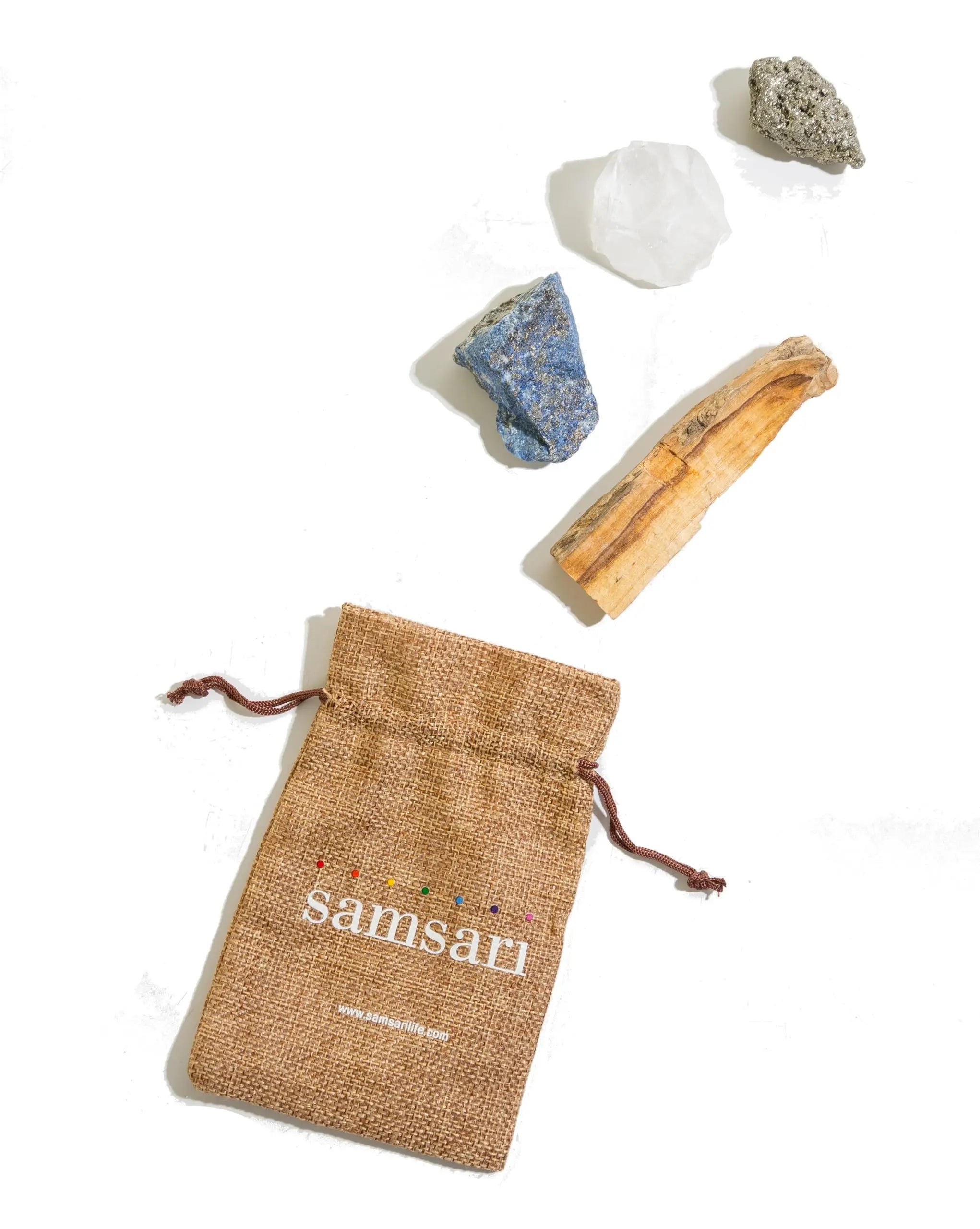 5PCS SAMSARI Abundance XL Crystals Healing Set - (Pyrite, Lapis Lazuli, Clear Quartz), 1 Palo Santo Stick SAMSARI Au supplements