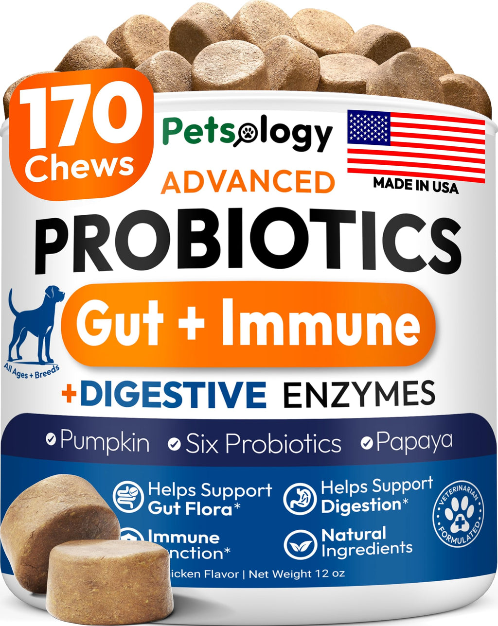 Probiotics for Dogs - 170 Dog Probiotics Chews - Digestive Enzymes & Prebiotics - Support Gut Health, Diarrhea, Gas & Constipation Relief - Itchy Skin, Allergies, Yeast Balance - Advanced Supplement Petsology Au supplements