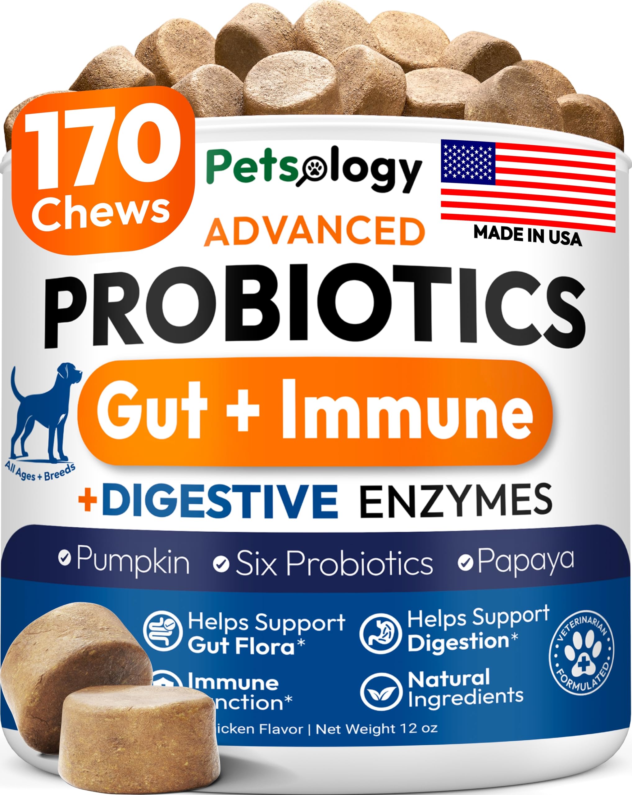 Probiotics for Dogs - 170 Dog Probiotics Chews - Digestive Enzymes & Prebiotics - Support Gut Health, Diarrhea, Gas & Constipation Relief - Itchy Skin, Allergies, Yeast Balance - Advanced Supplement Petsology Au supplements