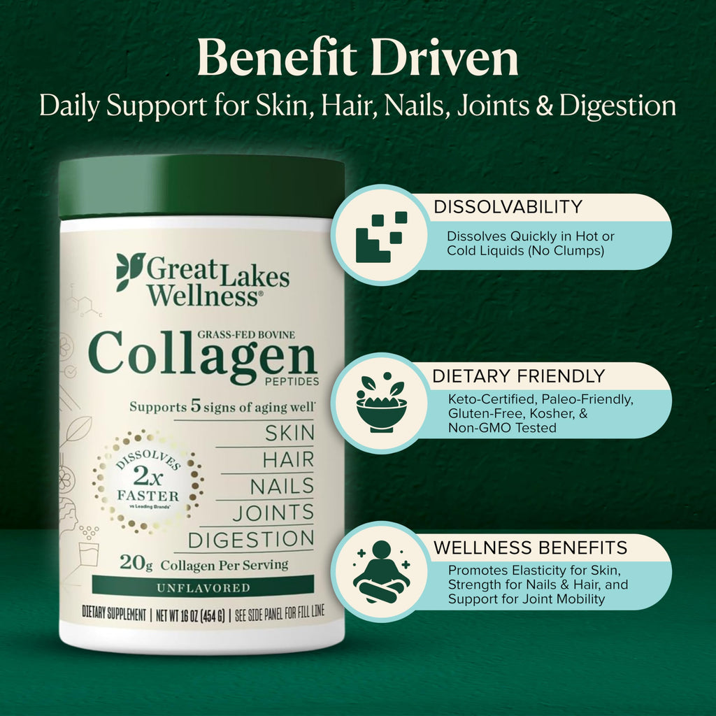 Great Lakes Wellness Collagen Peptides Powder – Supports Skin, Hair, Nails, Joints & Digestion – Hydrolyzed, Quick Dissolve