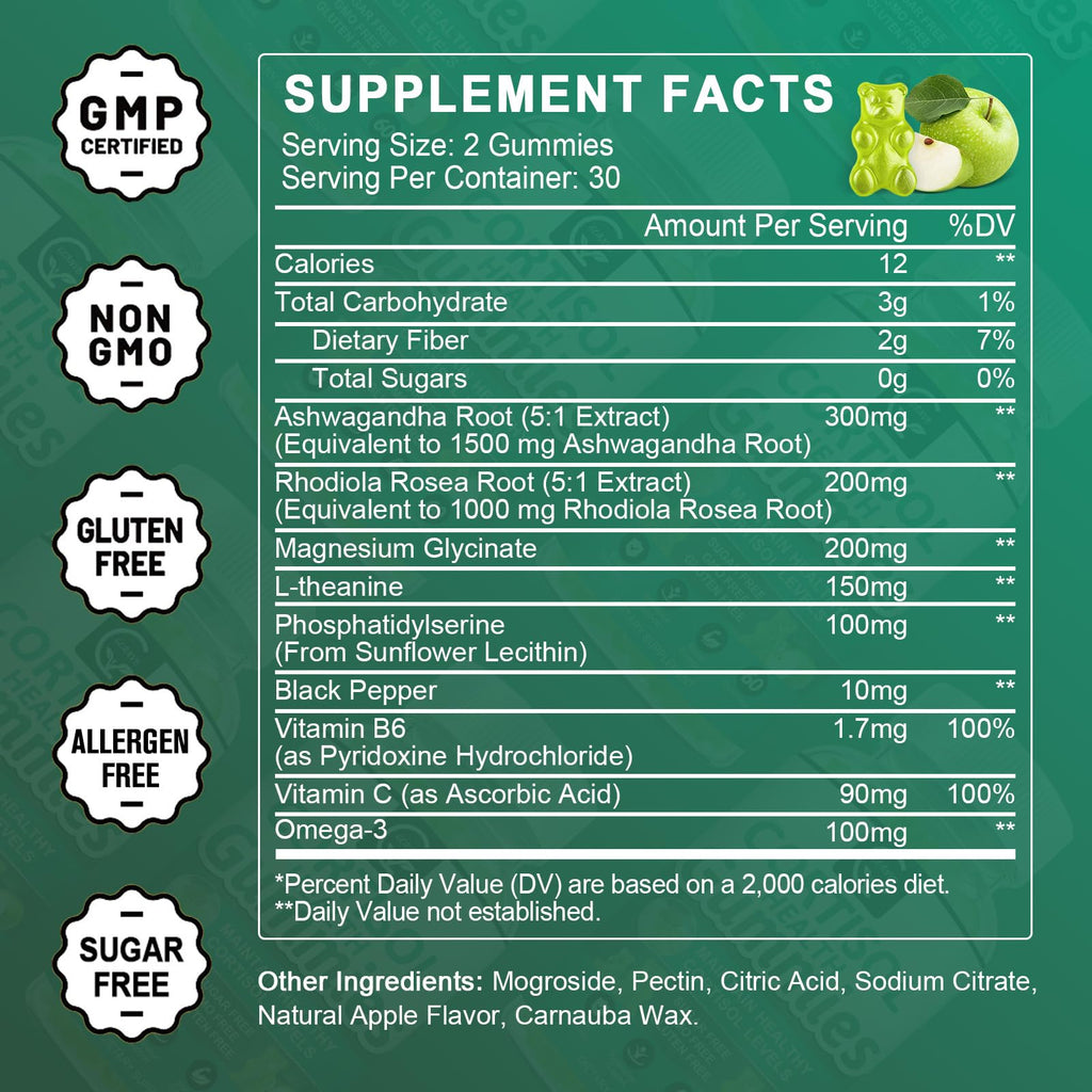 GORNVB Cortisol Gummies, Cortisol Supplement for Women with Magnesium, Ashwagandha, Rhodiola, Phosphatidylserine, L-Theanine, Black Pepper, Vitamin C & B6 - Relaxation, Focus, Sleep Support - 2 Pack GORNVB Au supplements