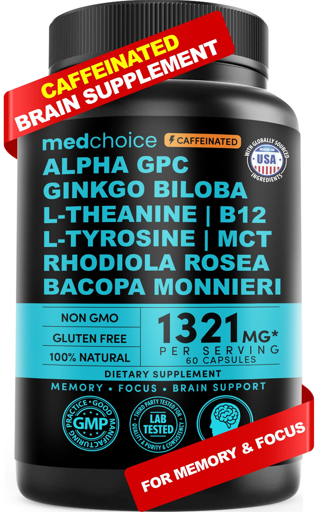 12-in-1 Nootropic Brain Supplement with Caffeine Anhydrous: Ginkgo Biloba for Brain Support, Memory and Focus - B12, Alpha GPC, L Theanine and Choline Supplements with Bioperine with 1321mg (60ct) MEDCHOICE Au supplements