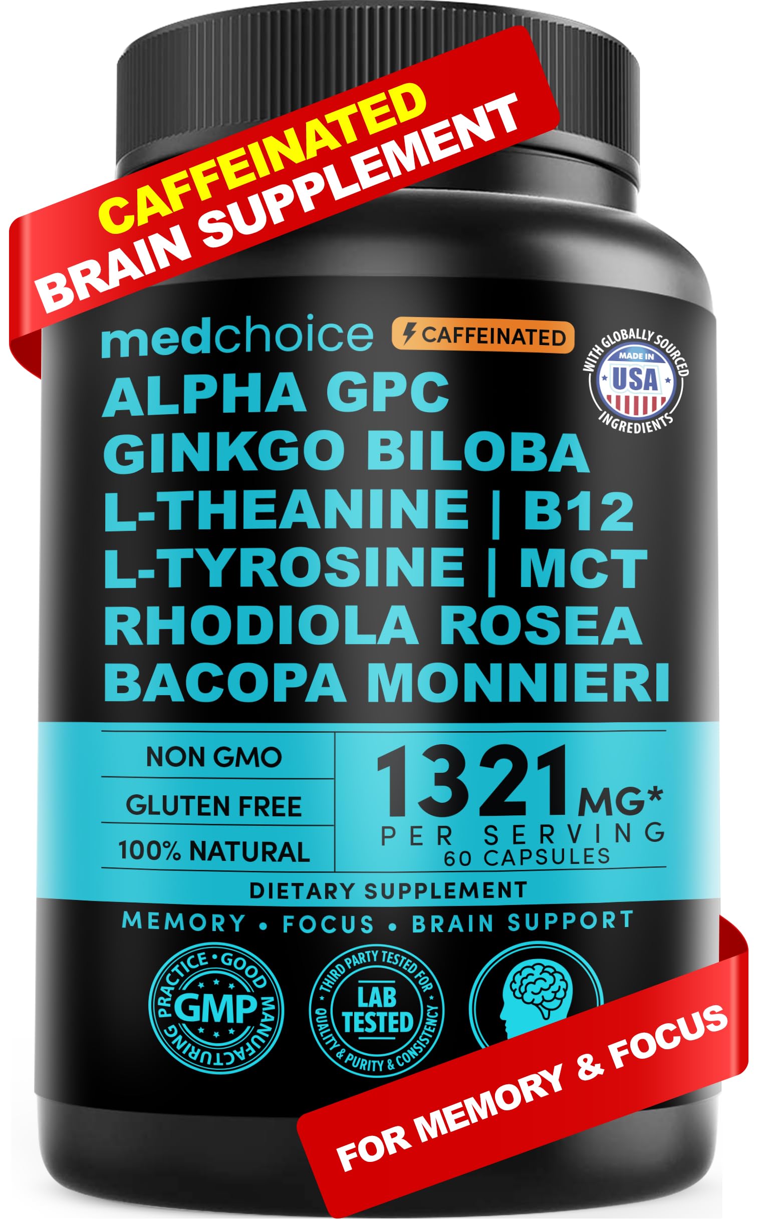 12-in-1 Nootropic Brain Supplement with Caffeine Anhydrous: Ginkgo Biloba for Brain Support, Memory and Focus - B12, Alpha GPC, L Theanine and Choline Supplements with Bioperine with 1321mg (60ct) MEDCHOICE Au supplements