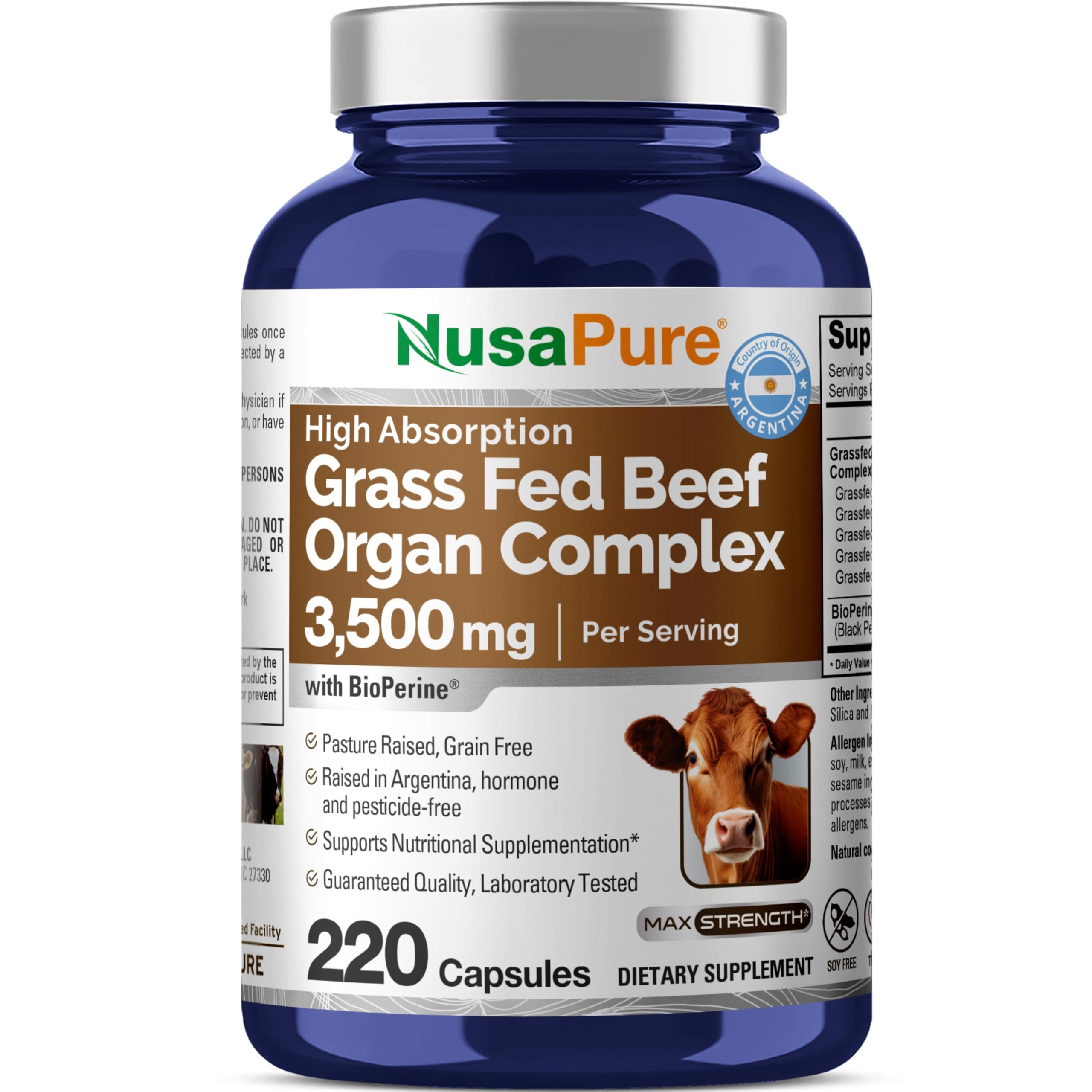 NusaPure Grass Fed Beef Organ Complex | 220 Capsules | Pasture Raised | with Desiccated Liver, Kidney, Pancreas, Heart, Spleen | Soyfree Non-GMO, Bioperine NusaPure Au supplements