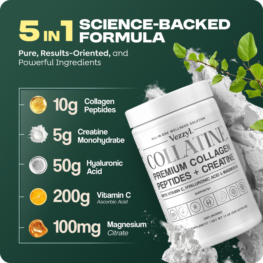 Vezzyl - Collatine - Premium Collagen Peptides + Creatine with Vitamin C, Hyaluronic Acid and Magnesium for Skin, Hair, Nails, Bone & Joint, Muscle, Immune and Cognitive Aid (.55 LB (250 G/8.8 OZ) Vezzyl Au supplements