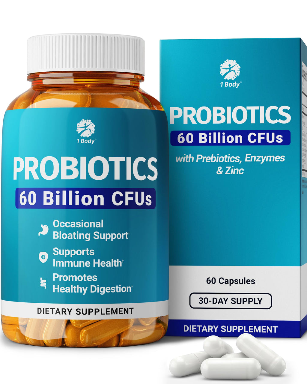 1 Body Probiotic 60 Billion for Men & Women, Gut Health Support with Prebiotics, Digestive Enzymes, Zinc & L-Glutamine, Non-GMO, 60 Vegan Capsules