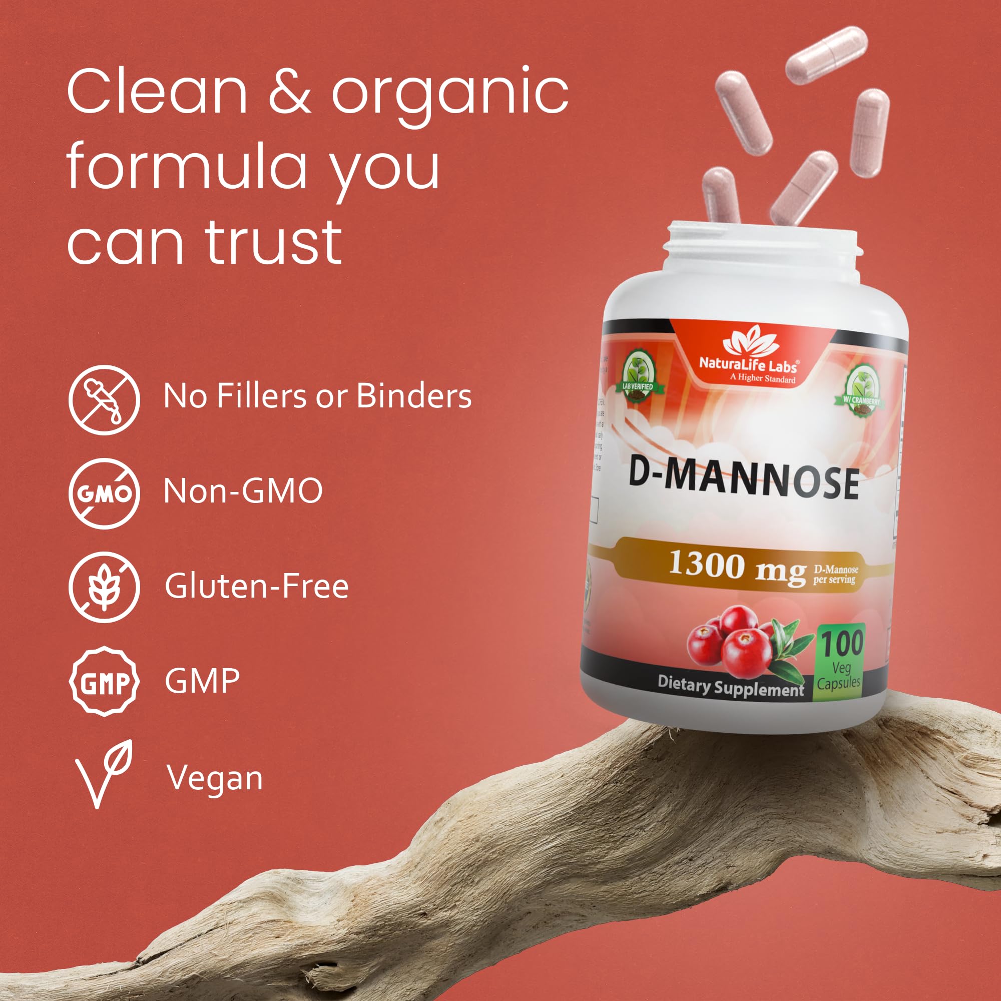 NaturaLife Labs Organic D-Mannose 1300 mg with Organic Cranberry Extract 100 mg per Serving – 100 Capsules – Non-GMO, Gluten-Free, Vegan NaturaLife Labs Au supplements