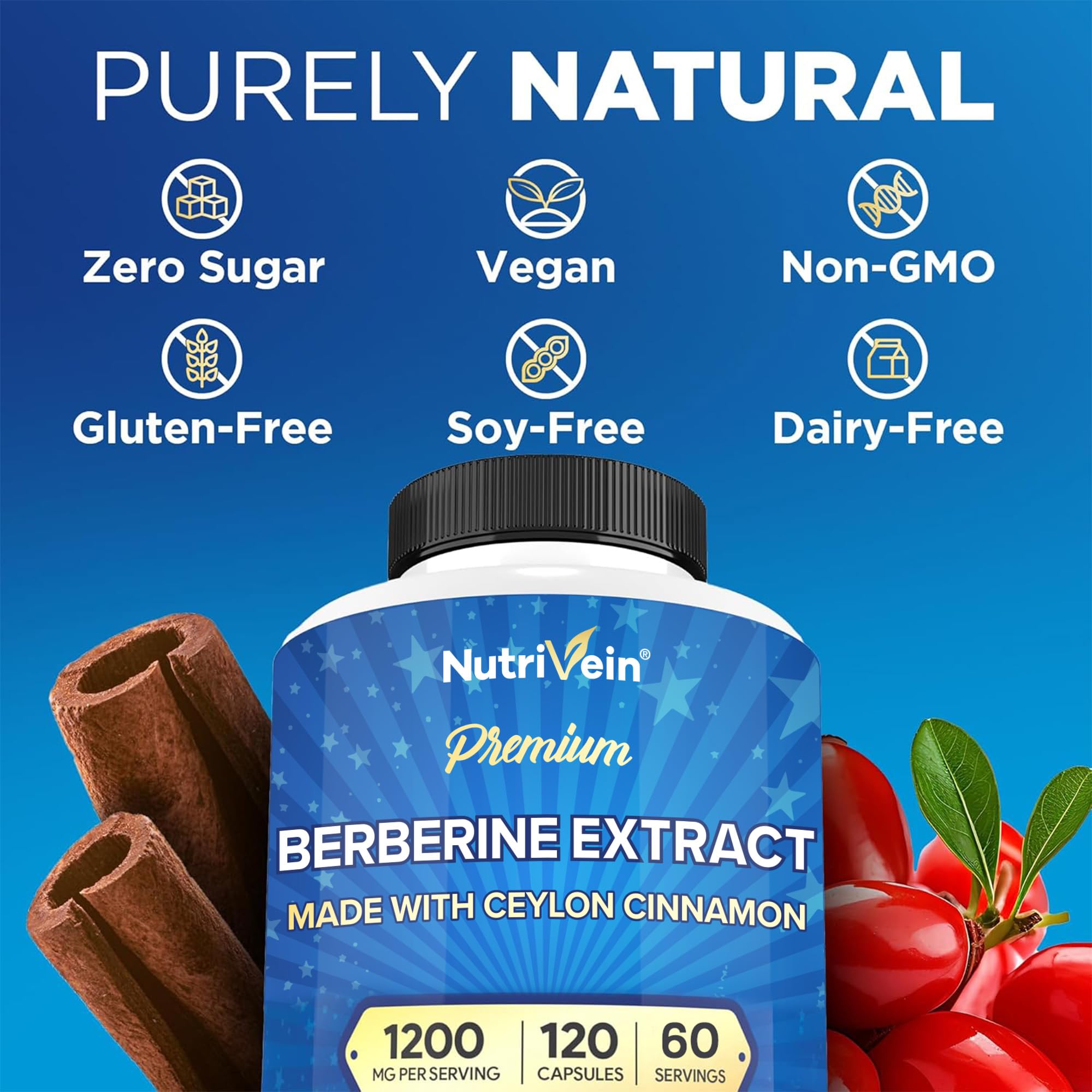 Nutrivein Premium Berberine 1200 mg with Ceylon Cinnamon - 120 Capsules: High-Absorption Berberine Supplement
