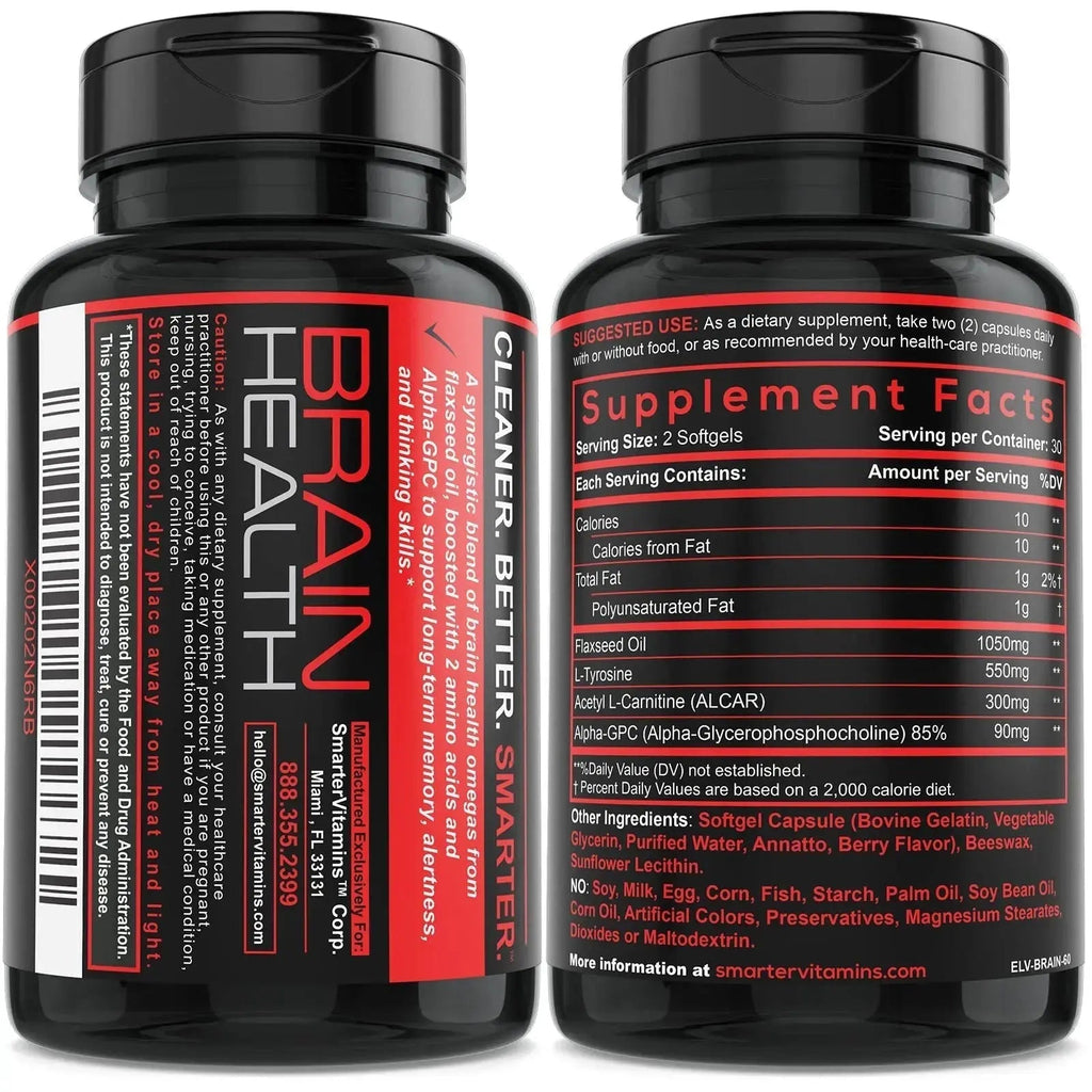 Smarter Brain Support Nootropic Supplement, Made with Alpha-GPC, L-Tyrosine & Acetyl L-Carnitine ALCAR, Flaxseed Oil SmarterVitamins Au supplements