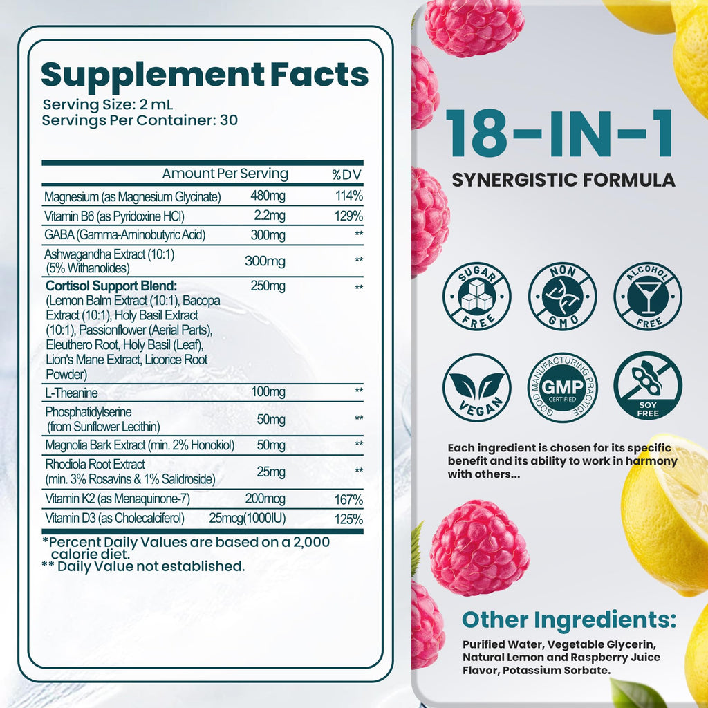 Cortisol Supplements for Women & Men, 18 in 1 Stress & Mood Support Drops with Magnesium 480mg, GABA, Ashwagandha, L-Theanine & Phosphatidylserine, for Relaxation & Sleep, Lemon Raspberry Flavor 60mL Rylaxed Au supplements