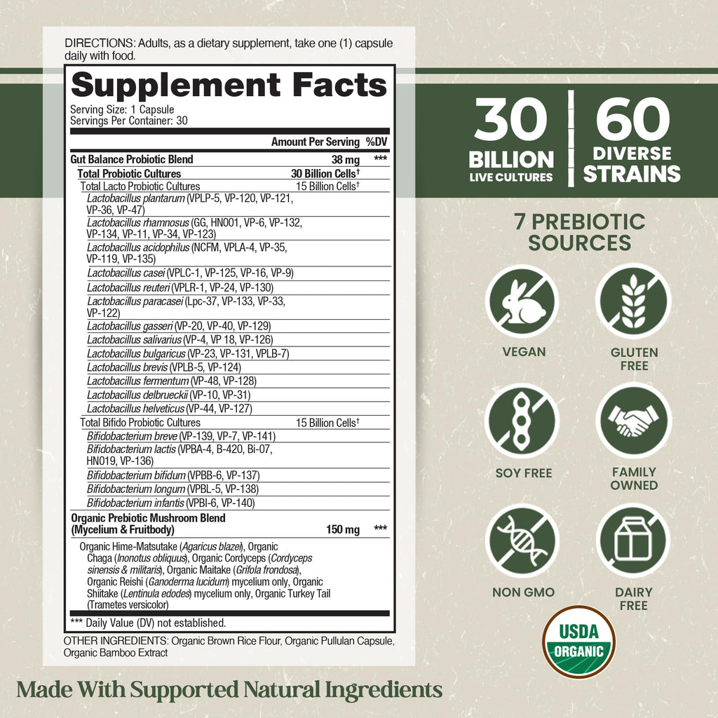 Vital Planet - Organic Flora Probiotics for Gut Health Balance, Shelf Stable Probiotic 30 Billion CFU, 60 Diverse Strains, Prebiotic Organic Mushroom Blend