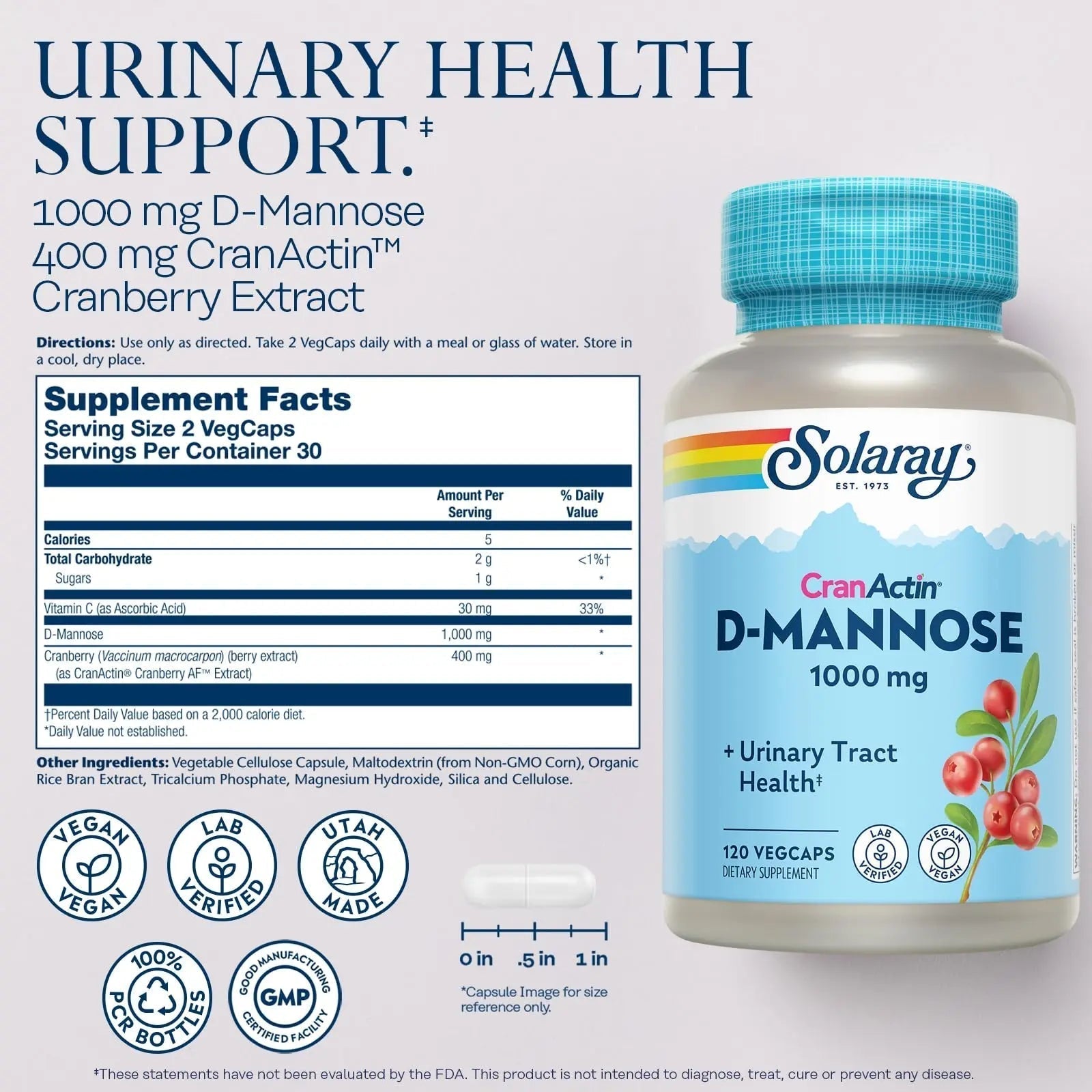 SOLARAY D-Mannose 1000mg with CranActin Cranberry Supplement 400mg, Urinary Tract Health & Bladder Support Capsules with Vitamin C, Vegan, 60 Day Guarantee, 60 Servings, 120 VegCaps (120 CT) SOLARAY Au supplements