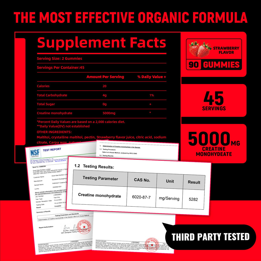 NSF Certified Creatine Gummy - Creatine Monohydrate Gummies 5g for Men & Women - Boost Focus,Strength, and Endurance, Vegan, Gluten-Free, Non-GMO, 2.5 Gram Creatine