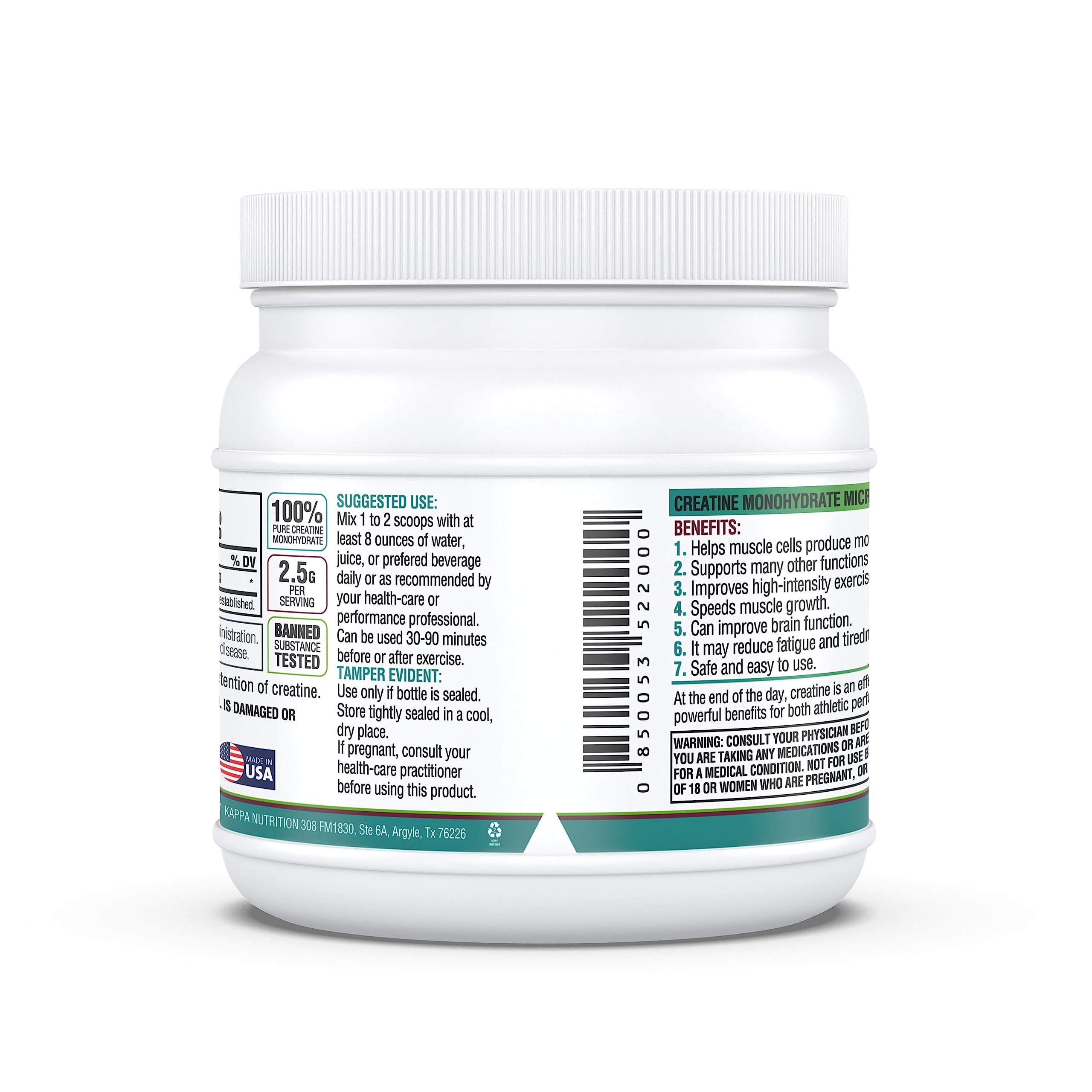 Kappa Nutrition Creatine Monohydrate Powder, Pure Amino Acid Formula, Supports Muscle Strength, Cellular Energy & Mental Focus* Gluten-Free, Keto, 2.25g per Scoop, 240 Servings, Net Wt. 1.32 LB (600g) KAPPA NUTRITION Au supplements
