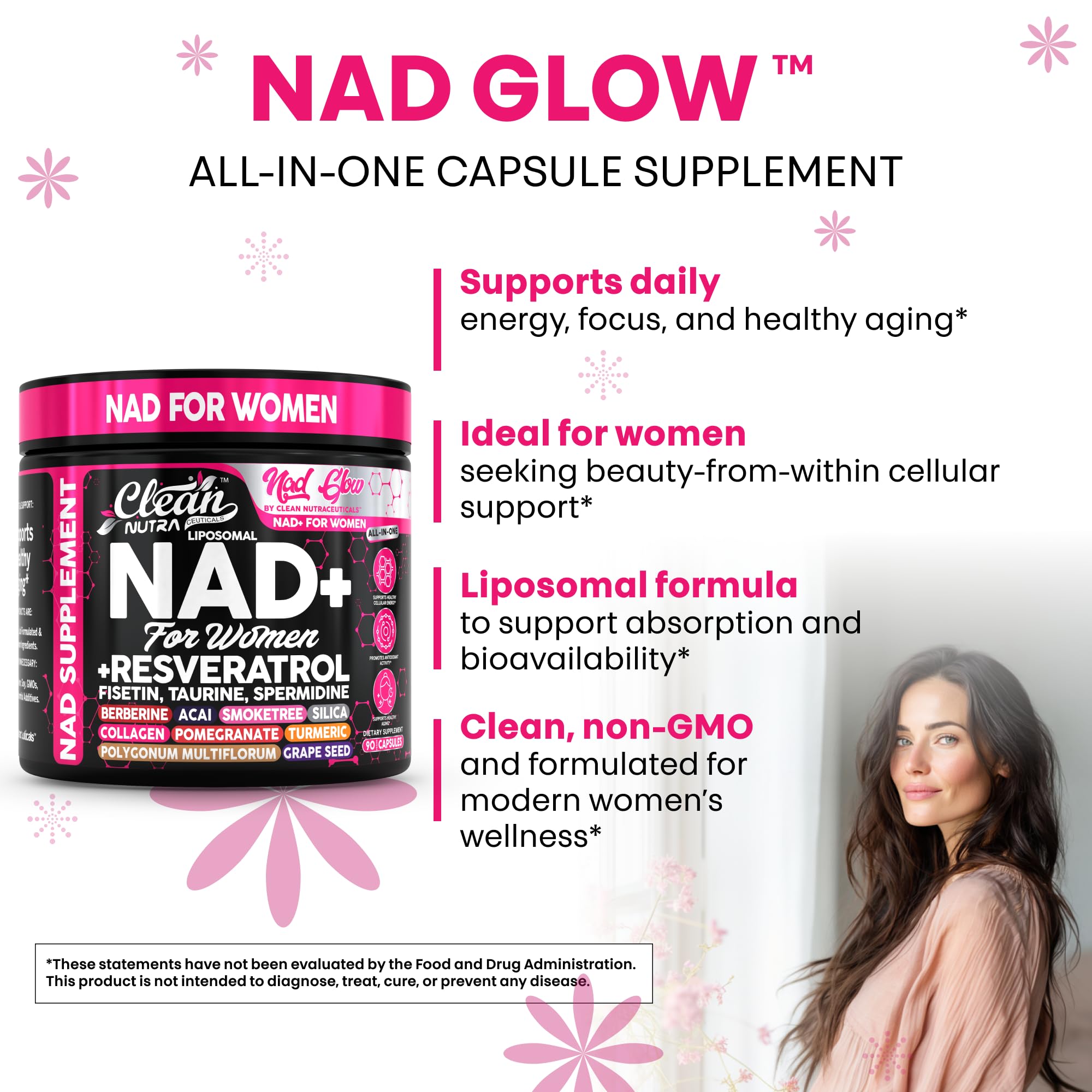 NAD+ Resveratrol Supplement for Women NAD Turmeric Vitamin C Acai Pomegranate Collagen Peptides Nicotinamide Riboside Fisetin Vitamin E Polygonum Multiflorum Berberine 90 Capsules by Clean Nutra Clean Nutraceuticals Au supplements