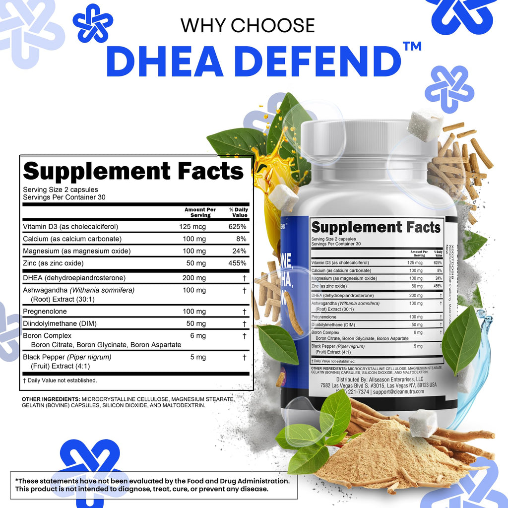 DHEA 200mg Supplement Pregnenolone 100mg for Men & Women with DIM Ashwagandha Boron 6mg Complex Calcium Magnesium Zinc 50mg Vitamin D3 5000 iu Hormone Support Capsules Pills - Made in USA 60 Ct Clean Nutraceuticals Au supplements